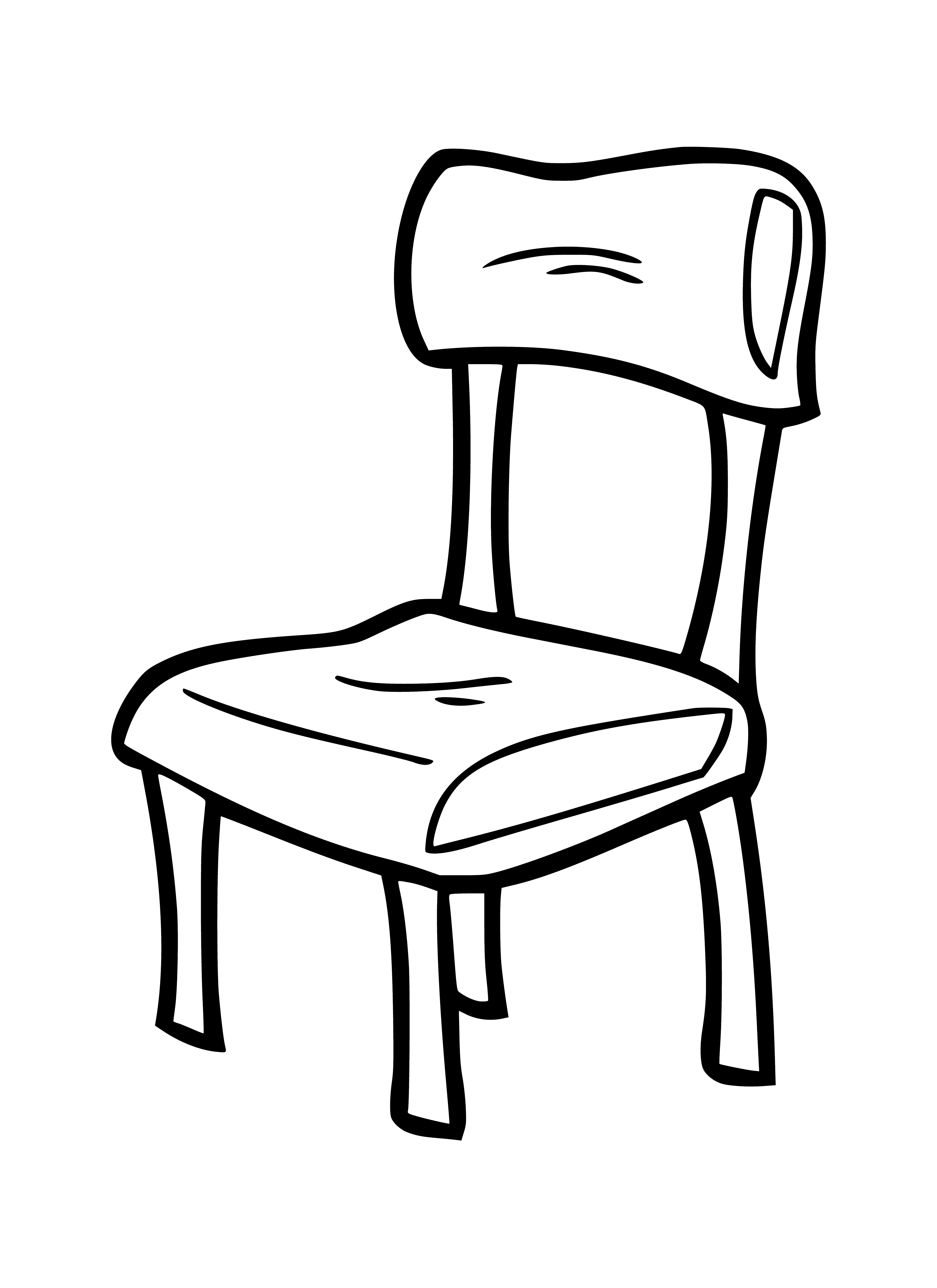 coloring page: Wooden chair w/ high back, green fabric upholstery, four legs w/ caster wheels.