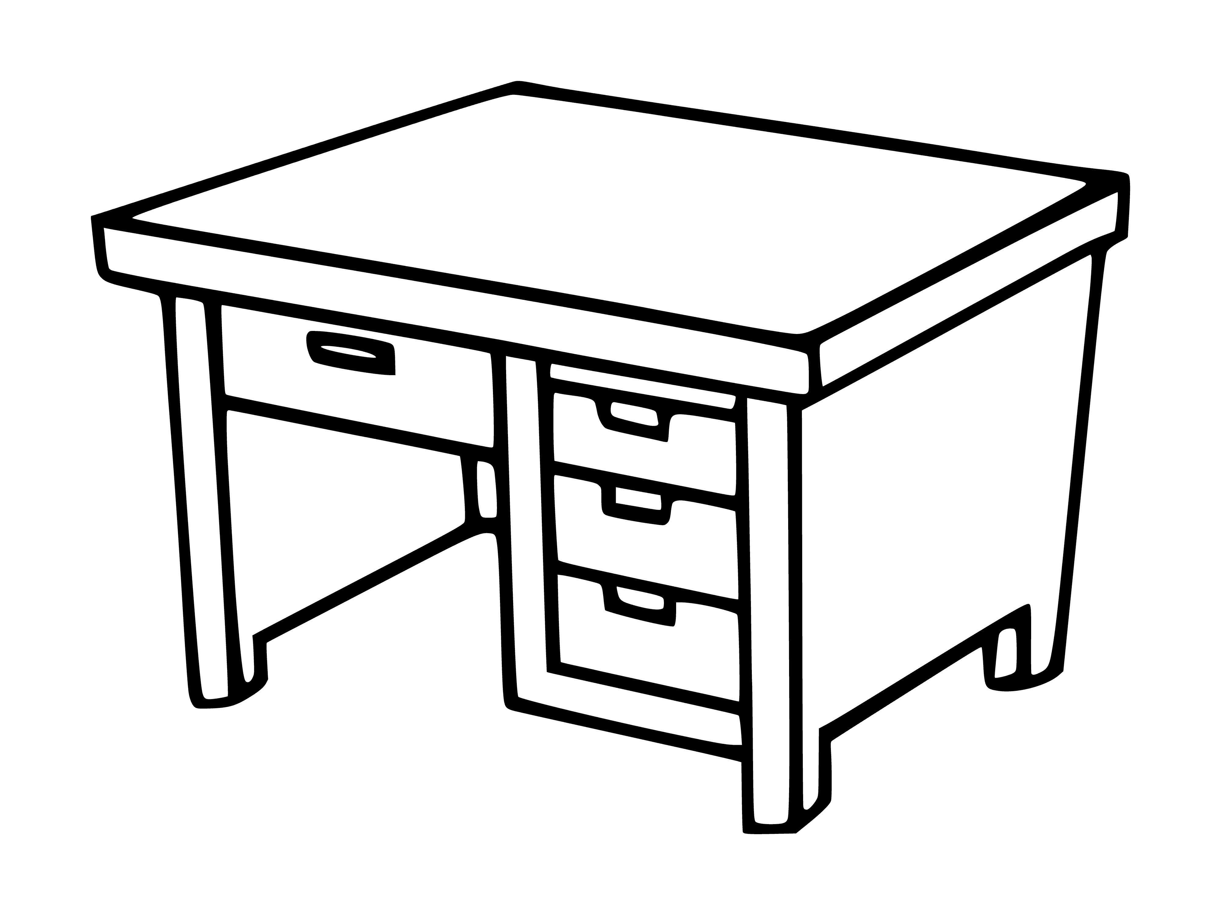 Table with 4 legs, brown rectangle top, and center drawer with knob.