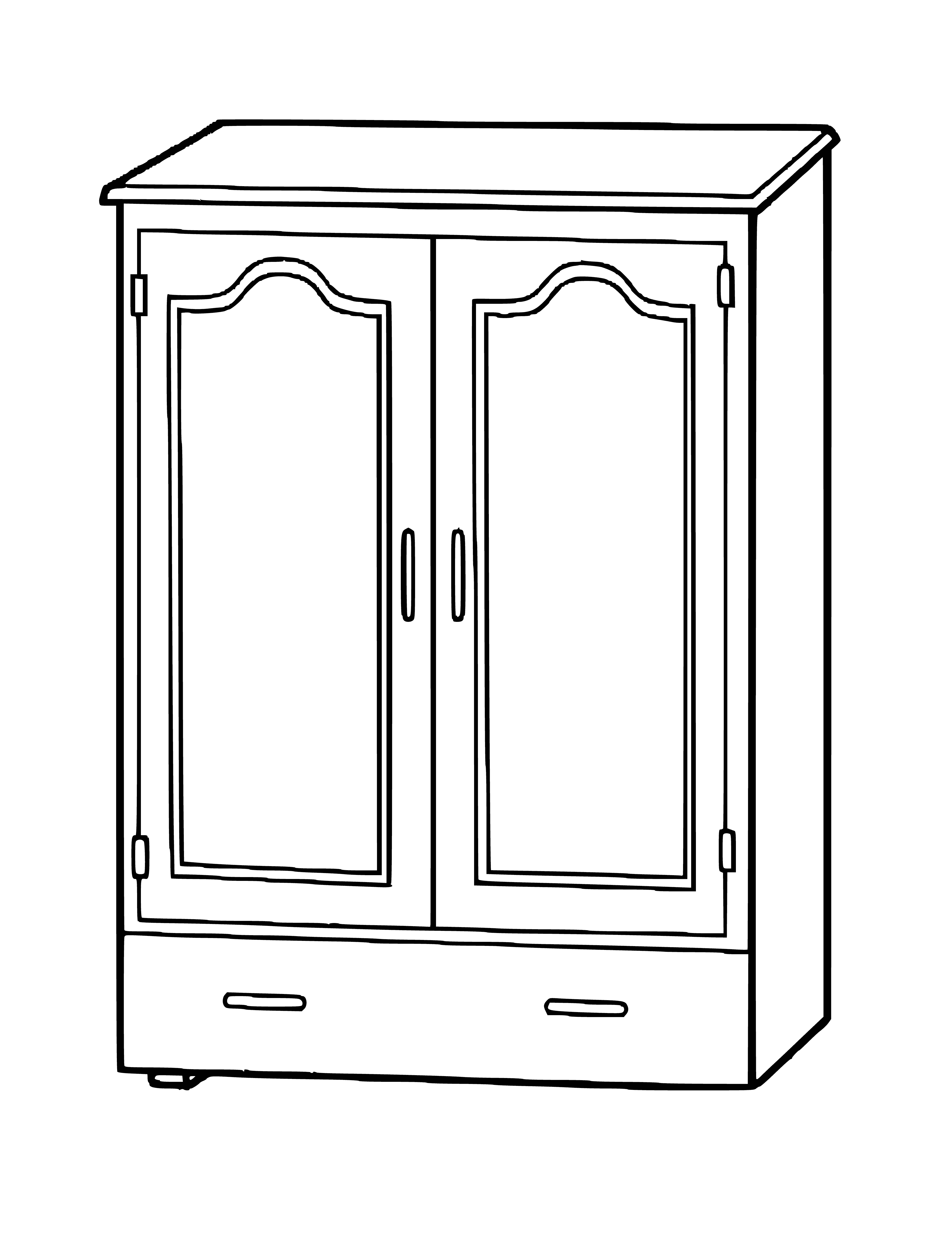 coloring page: Dark wood wardrobe: tall, thin, two doors w/long hanging rod & shelf space.