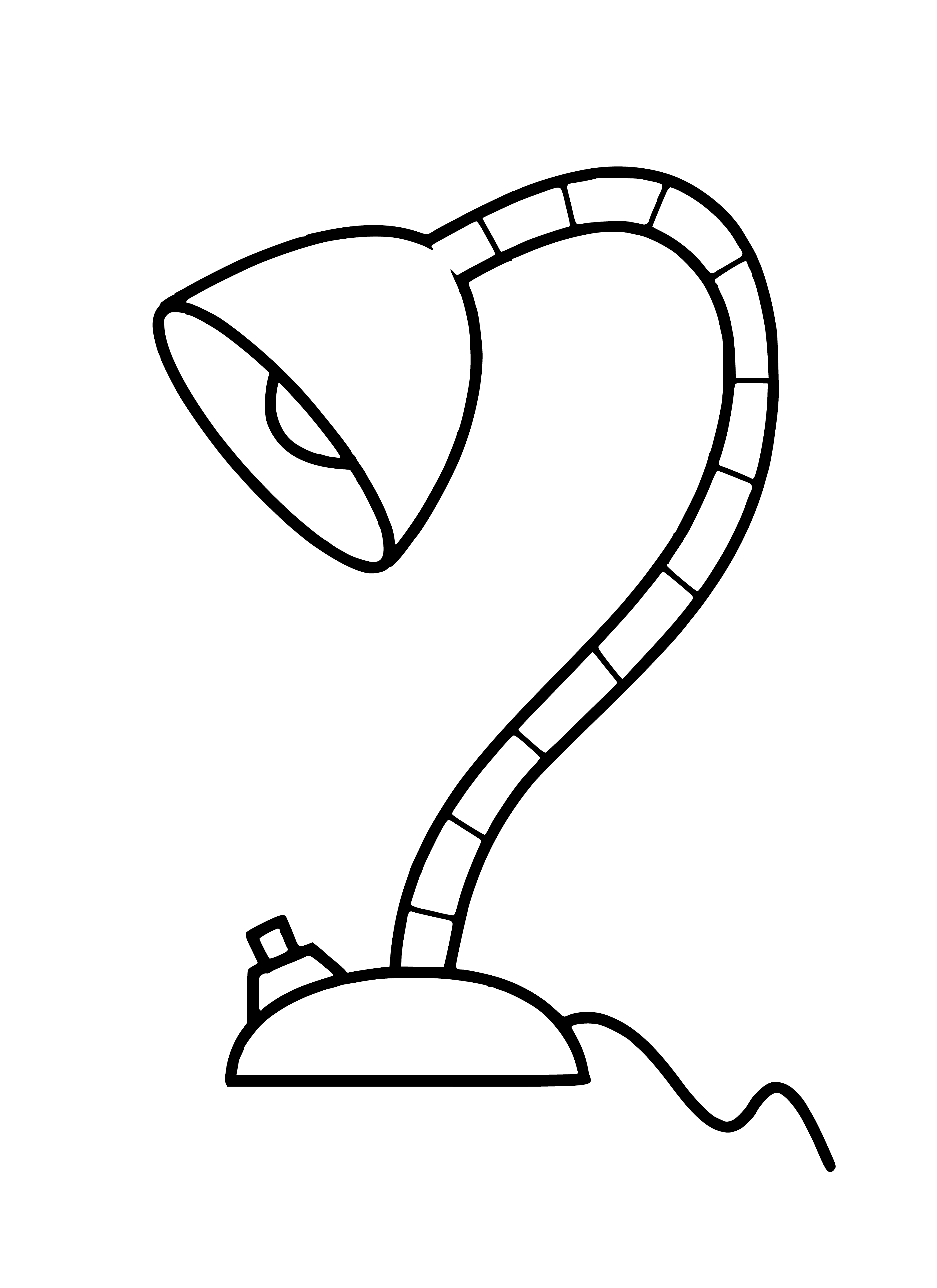 coloring page: A brown table with white lamp, white shade and light bulb. Cord plugs into wall socket.