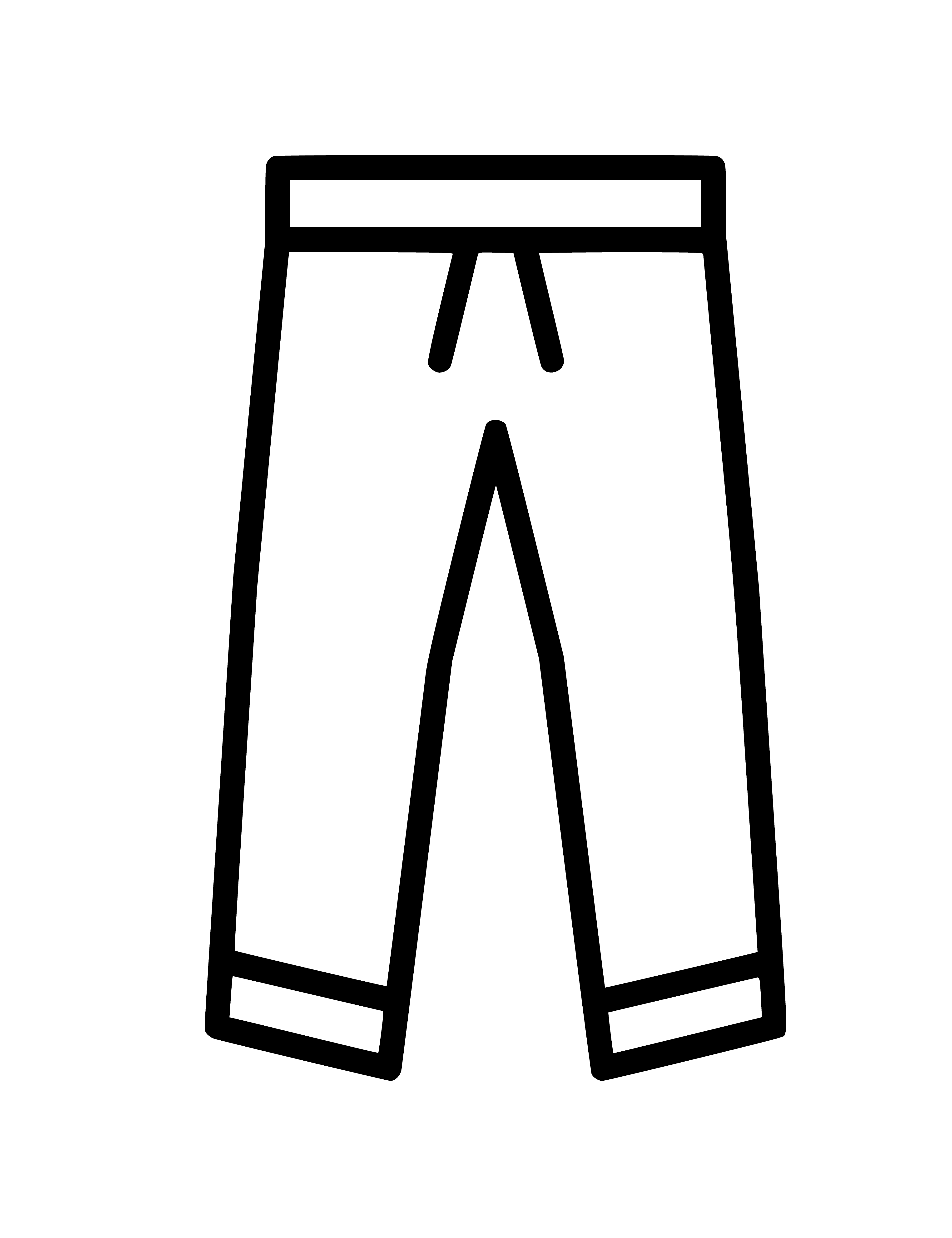 coloring page: Two pairs denim pants on floor; blue with rip in knee & brown with stain on thigh.