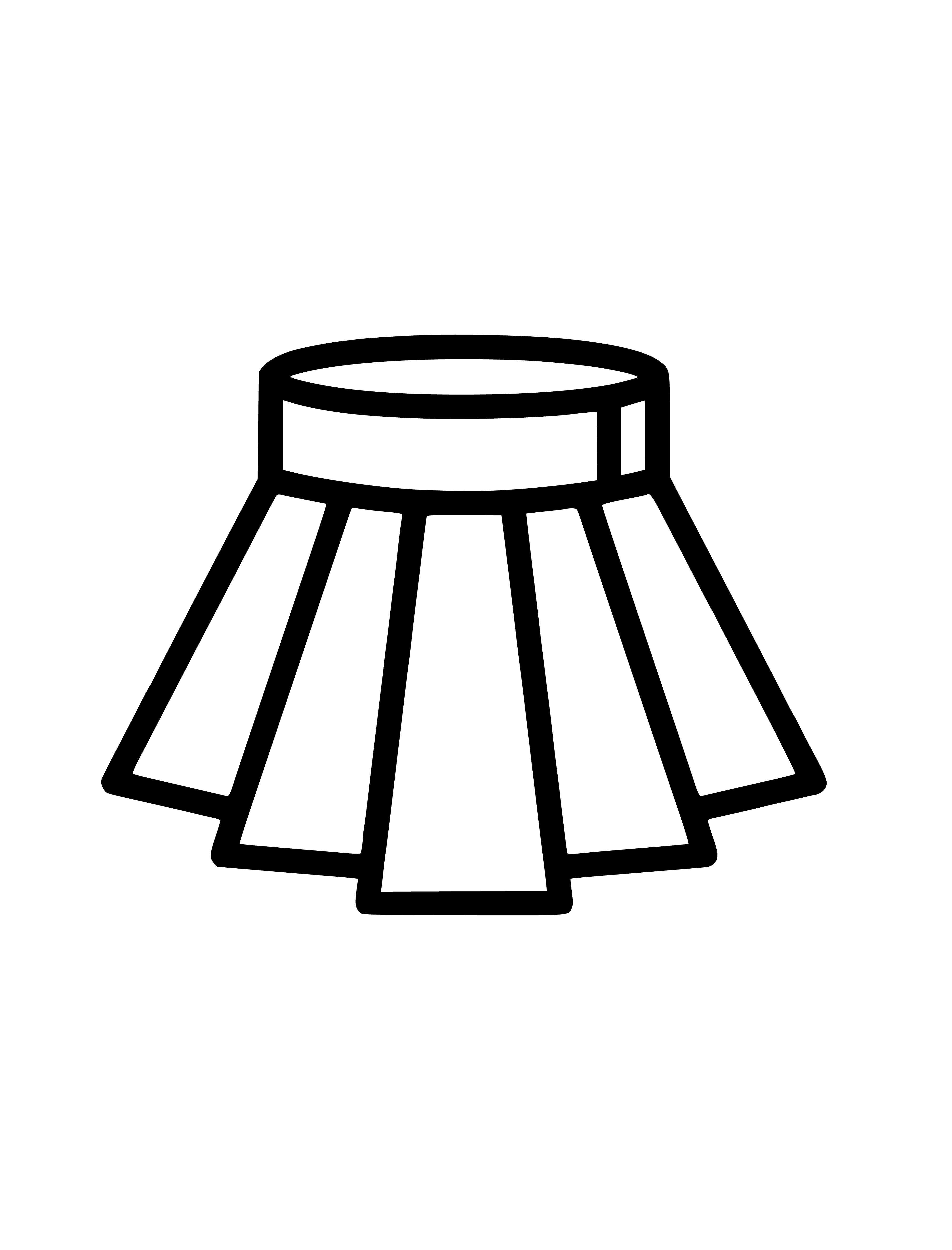 coloring page: Pleated skirt sits at the waist, below the knee, with a slit in back, made of lightweight fabric.