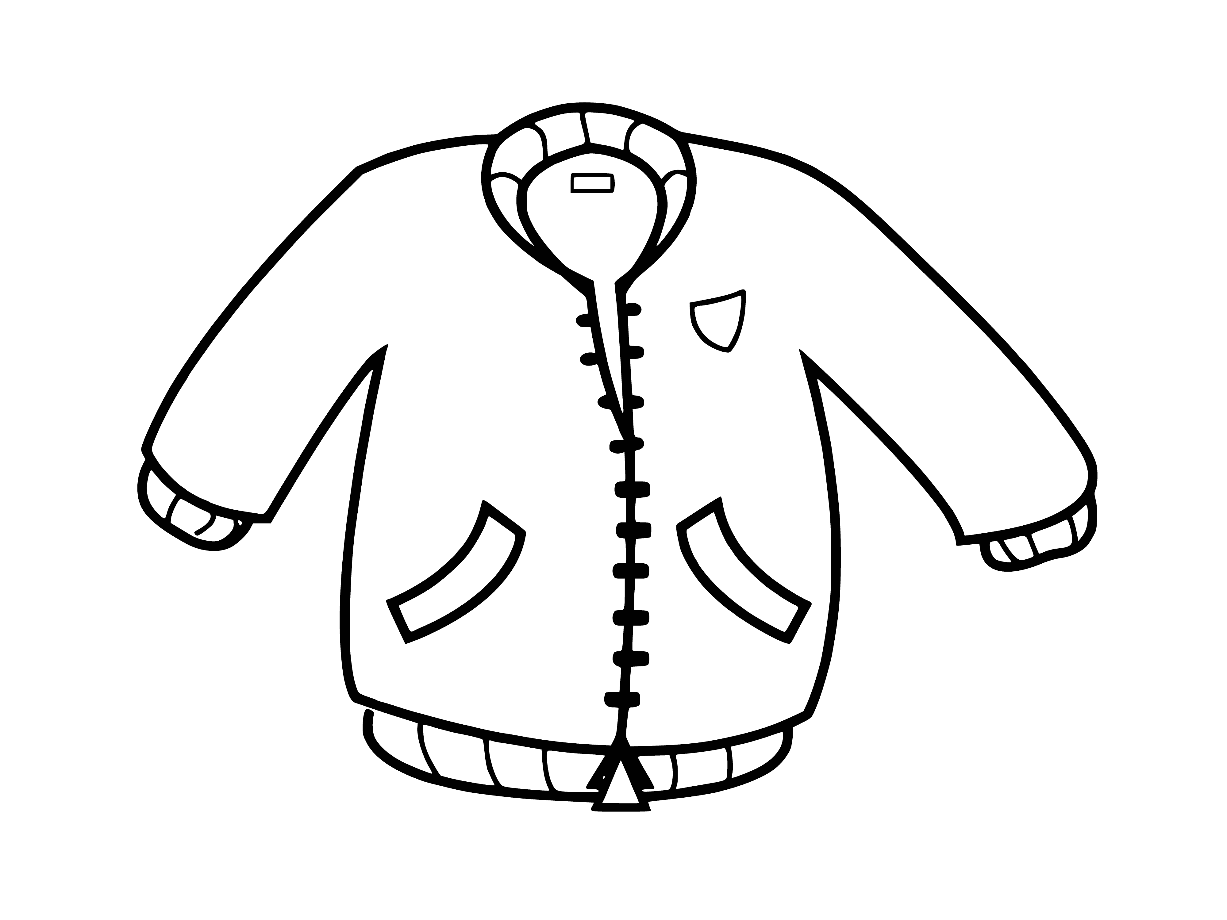 coloring page: Coloring page of a black + fur trimmed hooded jacket with long sleeves and two pockets. #coloring #clothes