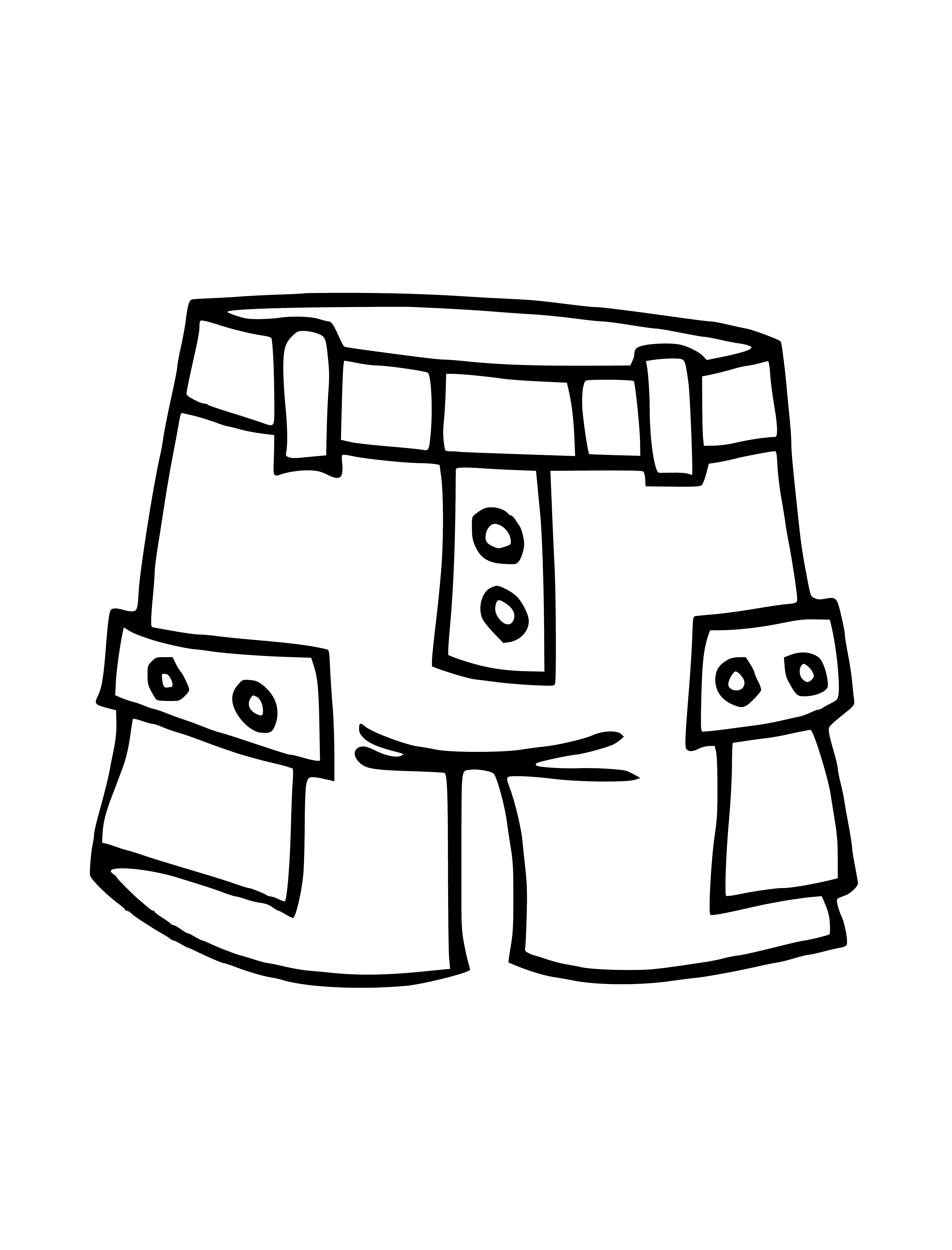coloring page: Three pairs of shorts: two plaid, one solid, all with waistband & pockets, one with button on left.