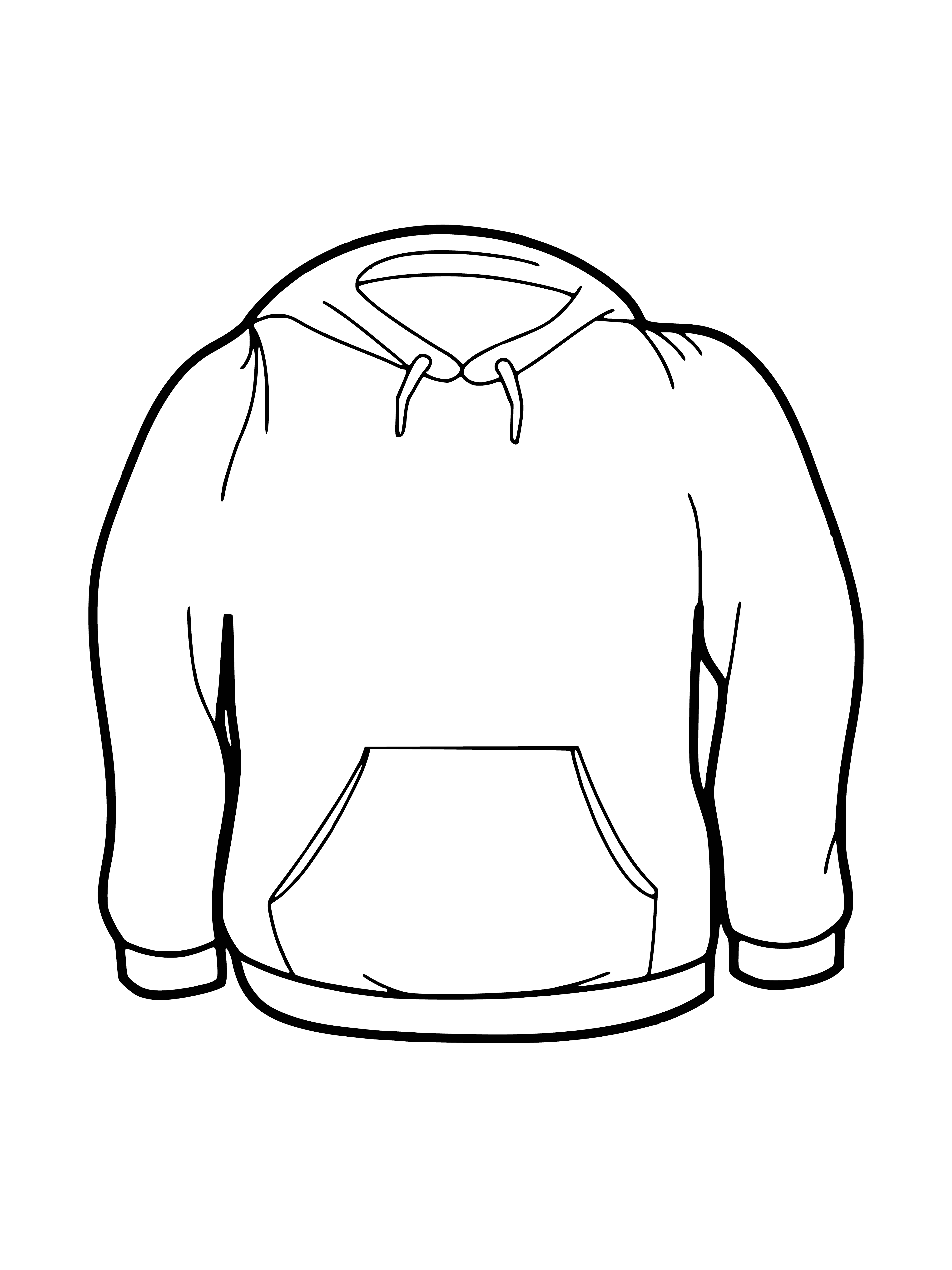 coloring page: Black hoodie w/ hood up, white string around edge & white lines. Has pocket on front.