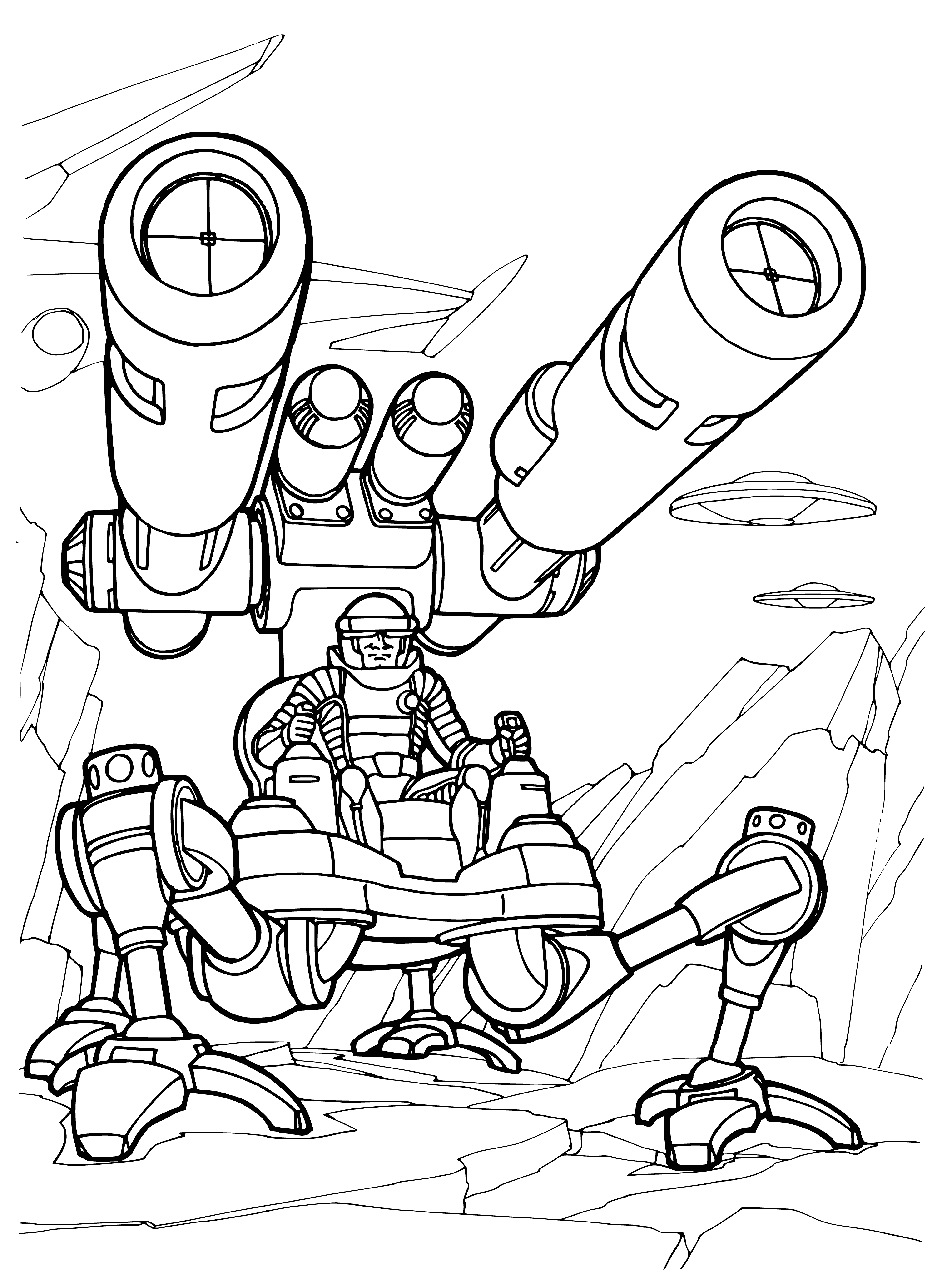 coloring page: Woman struggles to carry a bulky stereo gun with helmet on in military uniform, facing explosions and gunfire in the distance.