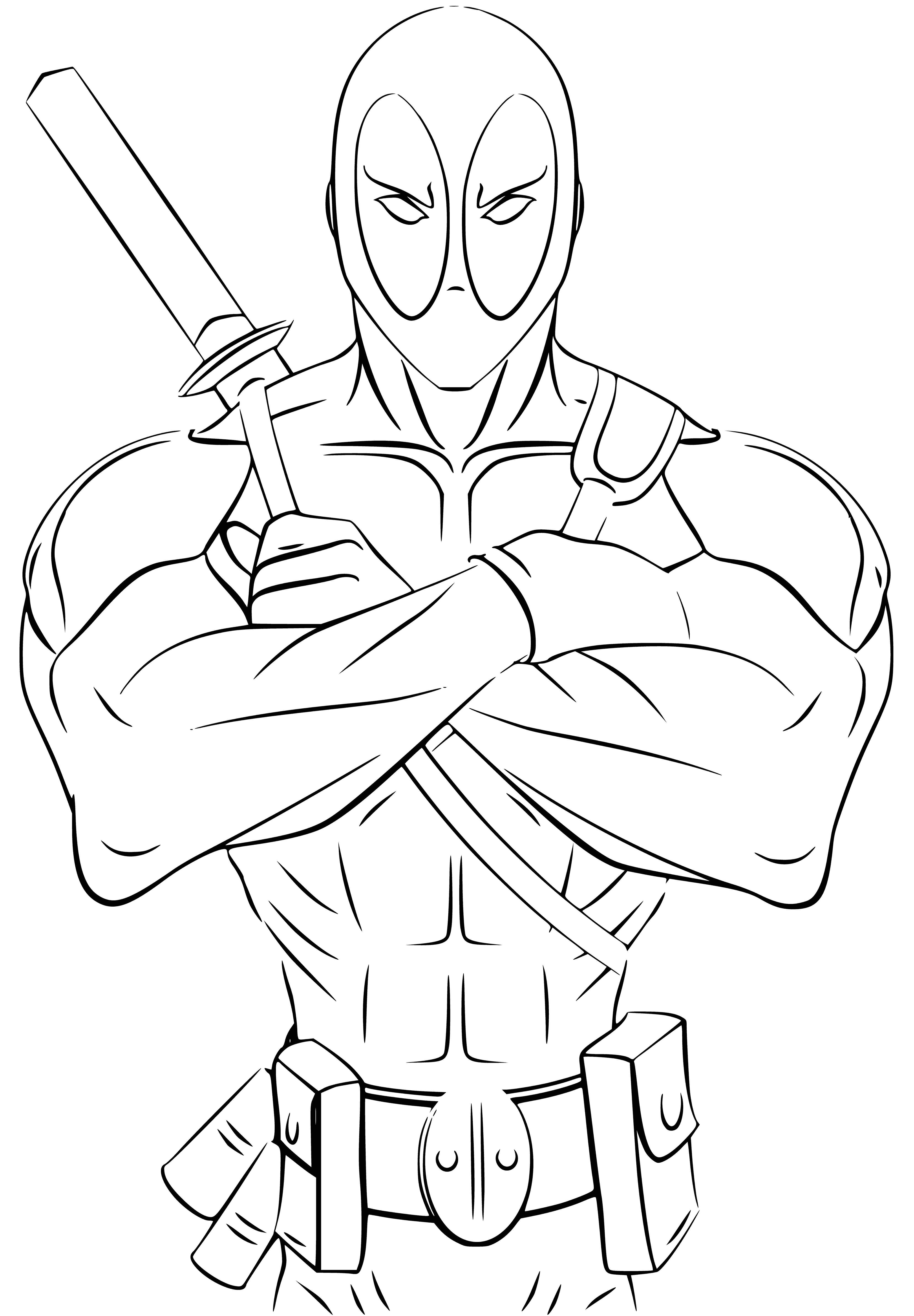coloring page: Deadpool: Merc & anti-hero known for humor, antics & his healing factor which allows him to recover from injuries quickly.