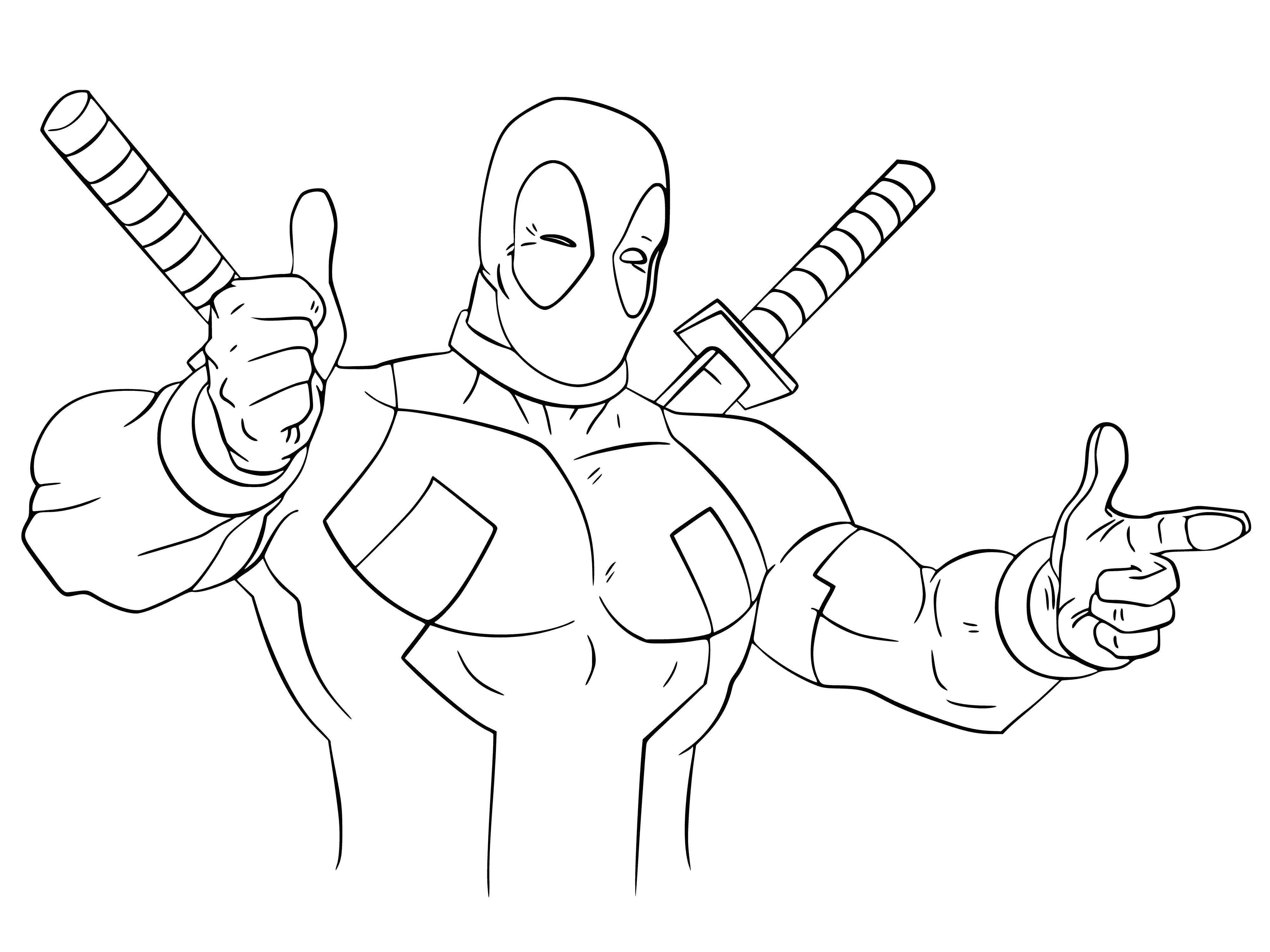 coloring page: Deadpool: Marvel anti-hero, mercenary, healing factor, known for jokes and breaking the 4th wall.