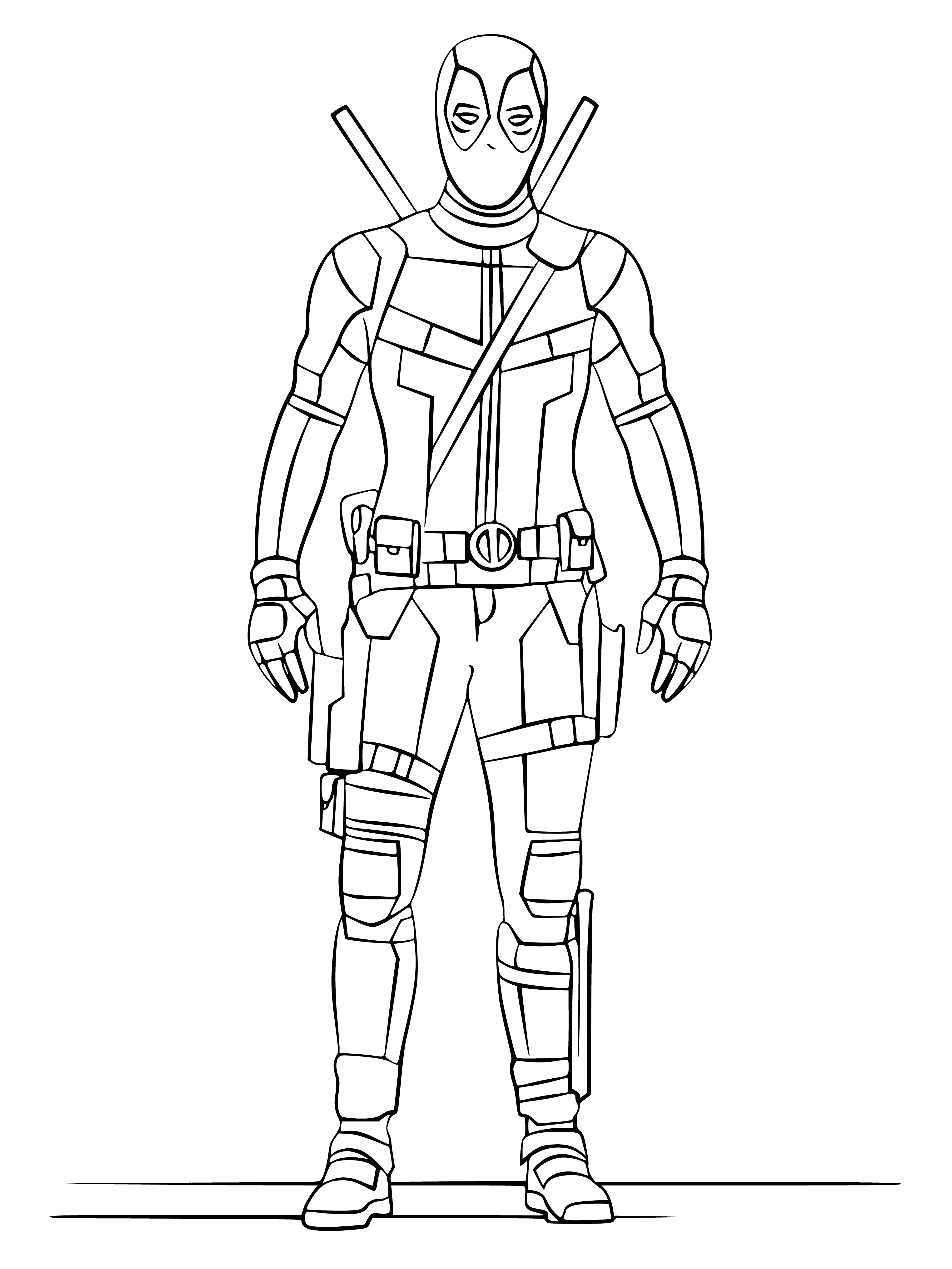 coloring page: Man in red/black masked costume, black belt with "D" buckle, holding 2 katanas.