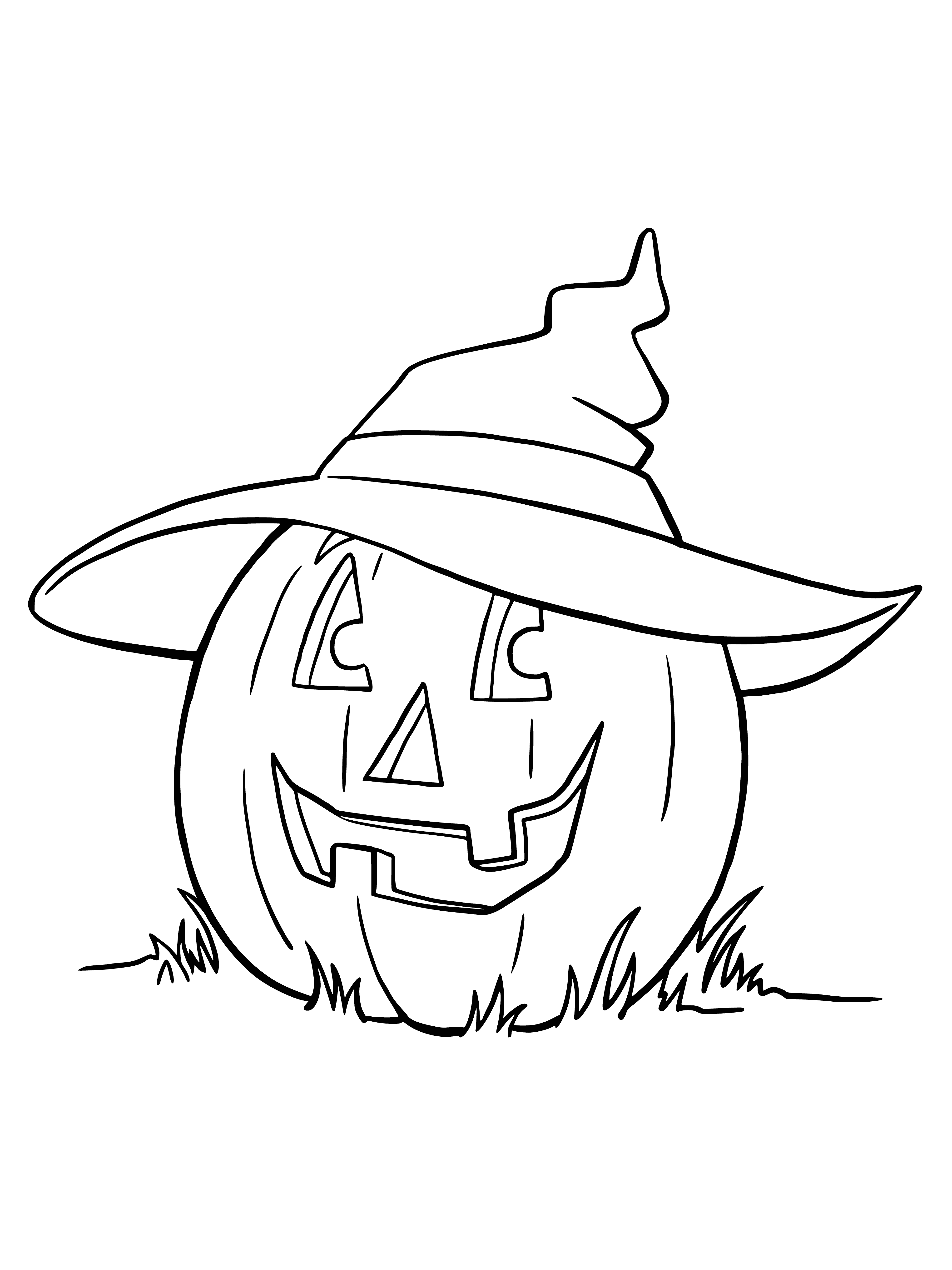 coloring page: Orange pumpkin with carving of face in open mouth, surrounded by leaves. Eyes are circles, nose a triangle, mouth a wide black line.