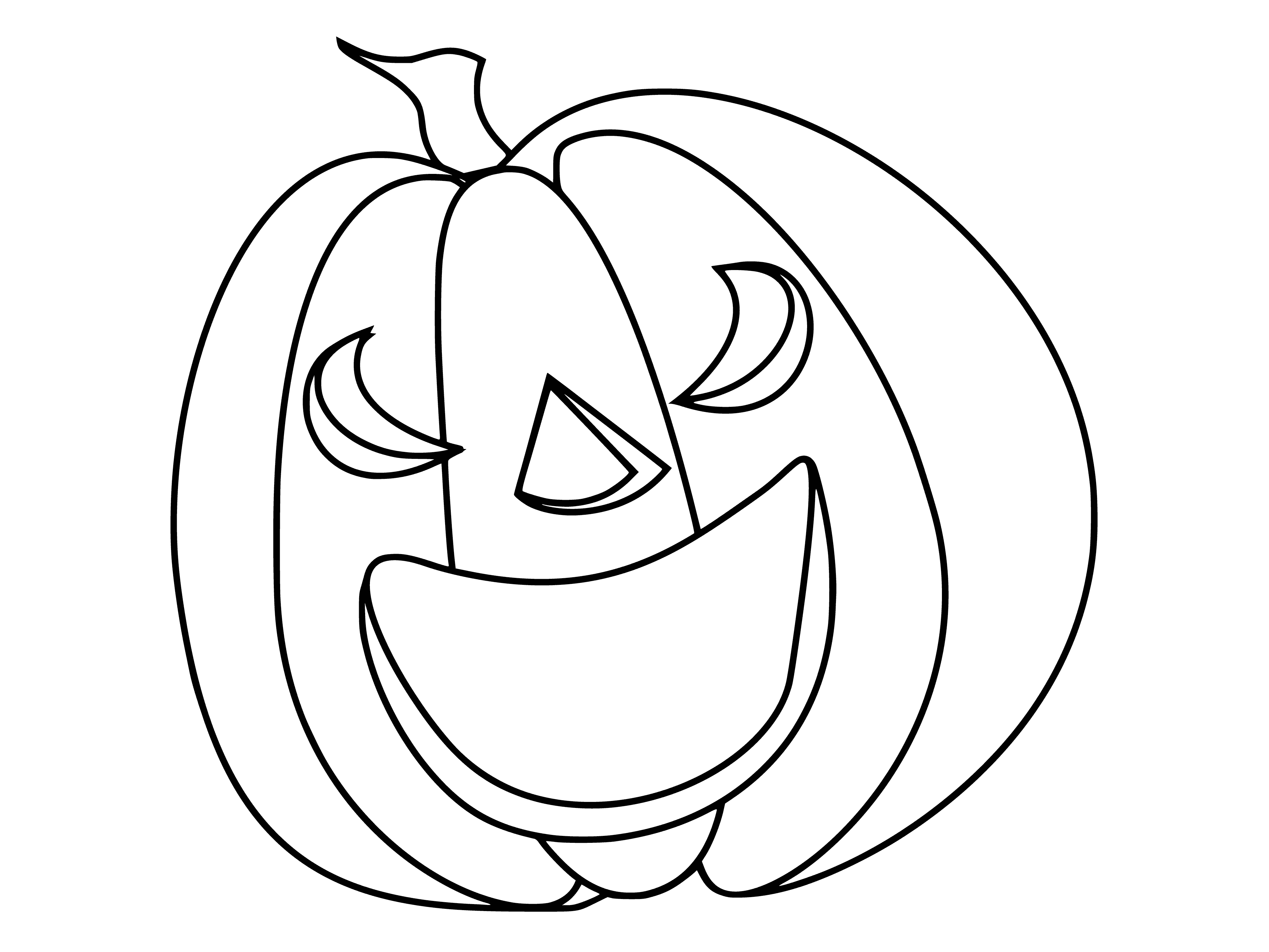 coloring page: A large pumpkin is carved into a terrifying face with two triangular eyes, a crooked nose, and sharp teeth. Two smaller pumpkins sit on either side. #harvestseason