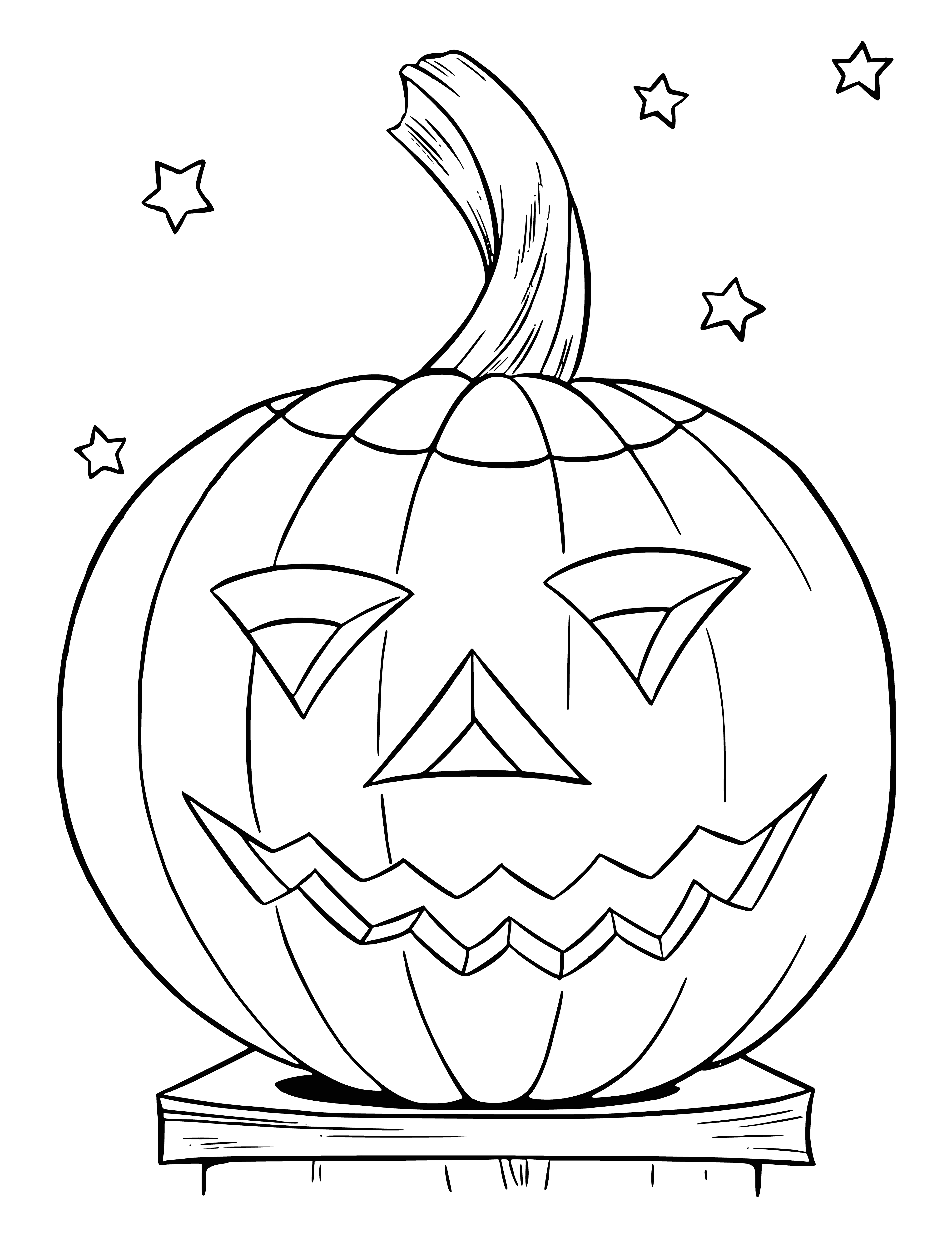 coloring page: Big orange pumpkin with toothy grin and white triangle eyes, topped with a green stem. #Halloween #Decoration