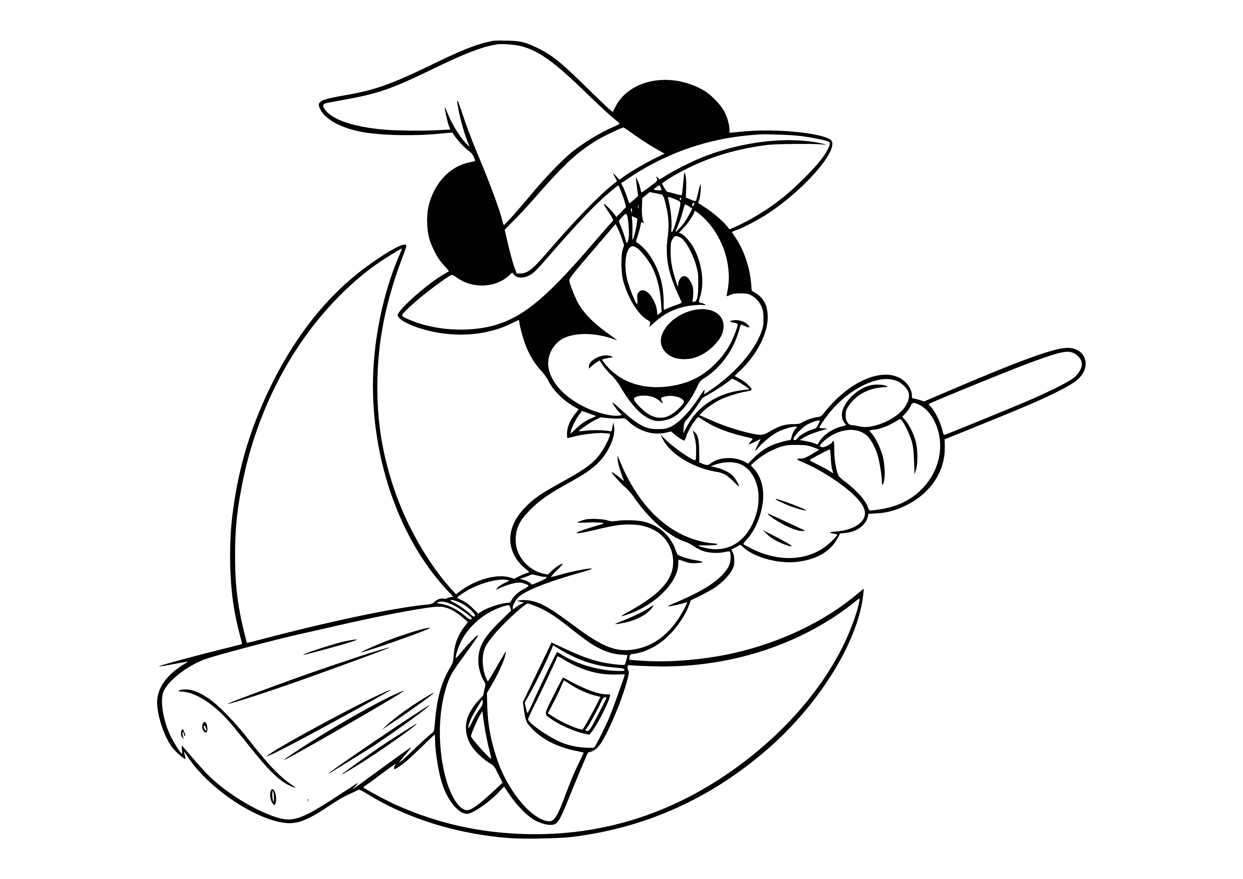 coloring page: Minnie Mouse flys a purple broom with green handle, wearing a black dress, white collar and cuffs, and a Witch's Hat.