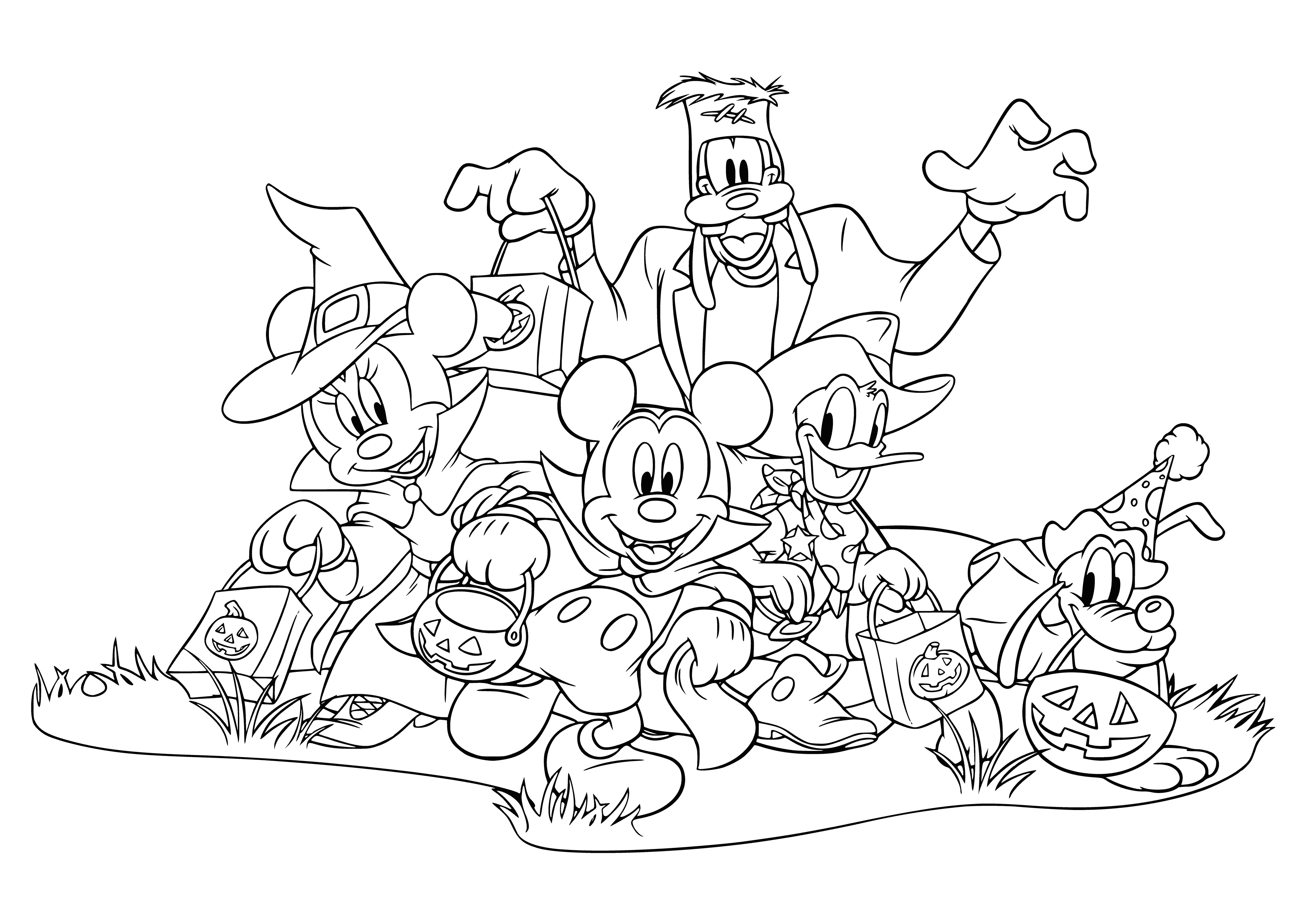 coloring page: The 6 Mickey Mouse friends wear Halloween costumes: pirate Donald, superhero Goofy, devil Pluto, prince Mickey, witch Minnie, ghost Daisy standing on pumpkin-mat in front of orange full moon.