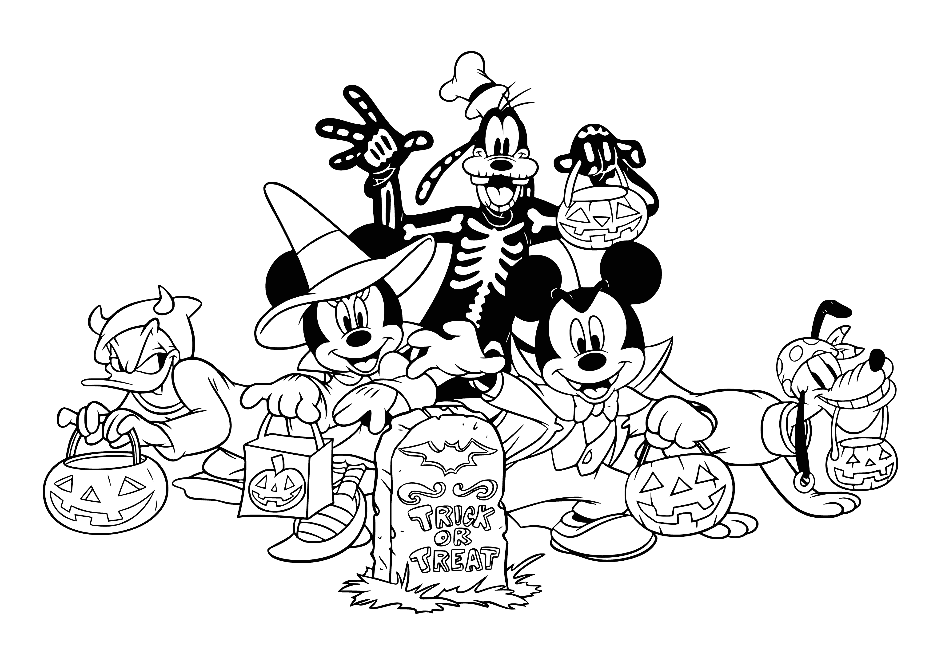 coloring page: Disney characters in Halloween costumes: Mickey in pumpkin suit, Donald a witch, Goofy a ghost, Pete vampire, Chip a skeleton, Dale a scarecrow. "Happy Halloween!" banner at the top. #DisneyHalloween #HalloweenCostume
