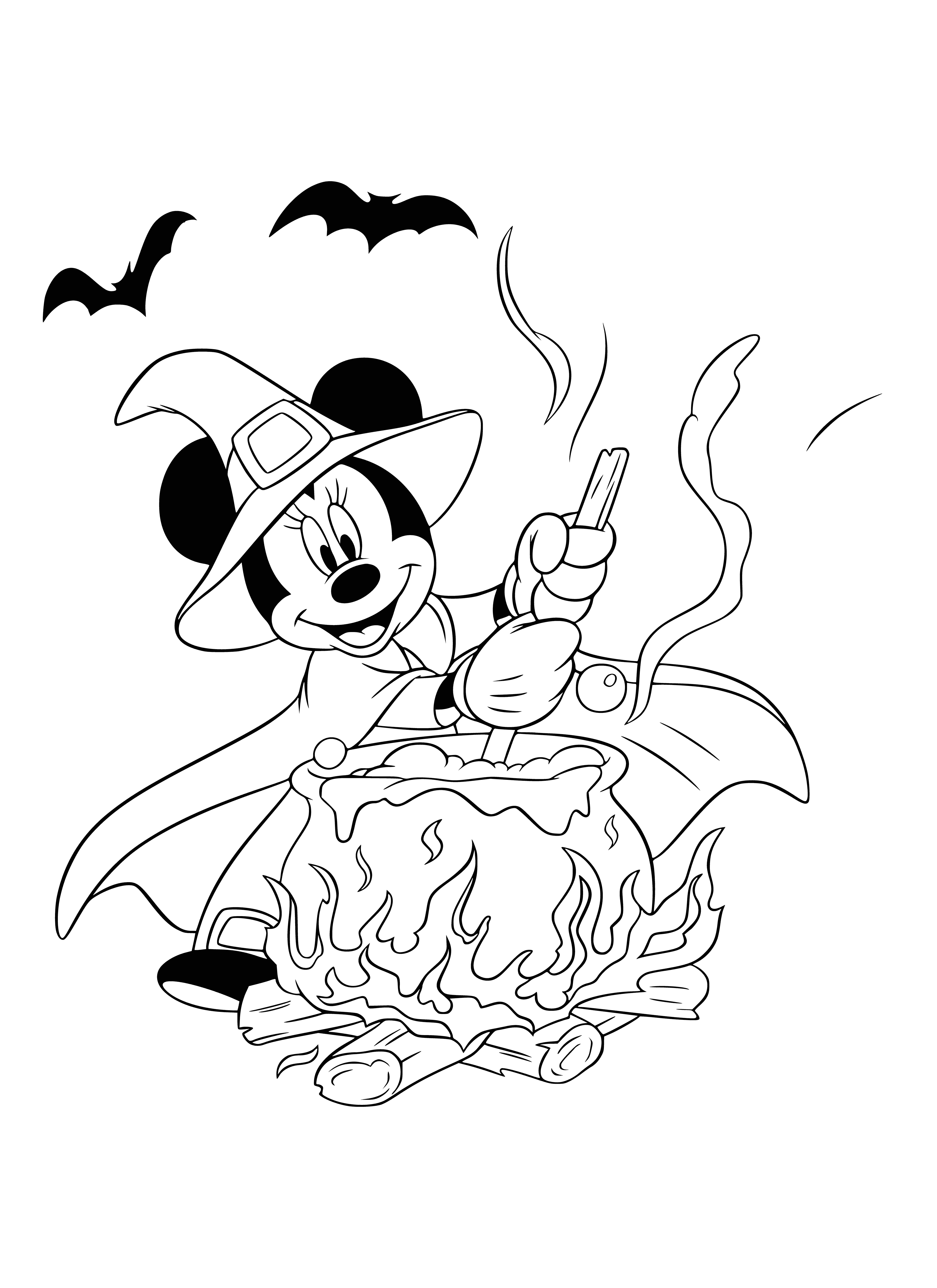coloring page: Minnie stirs a magical green potion in a black cauldron while wearing a purple dress, lit by a candle.