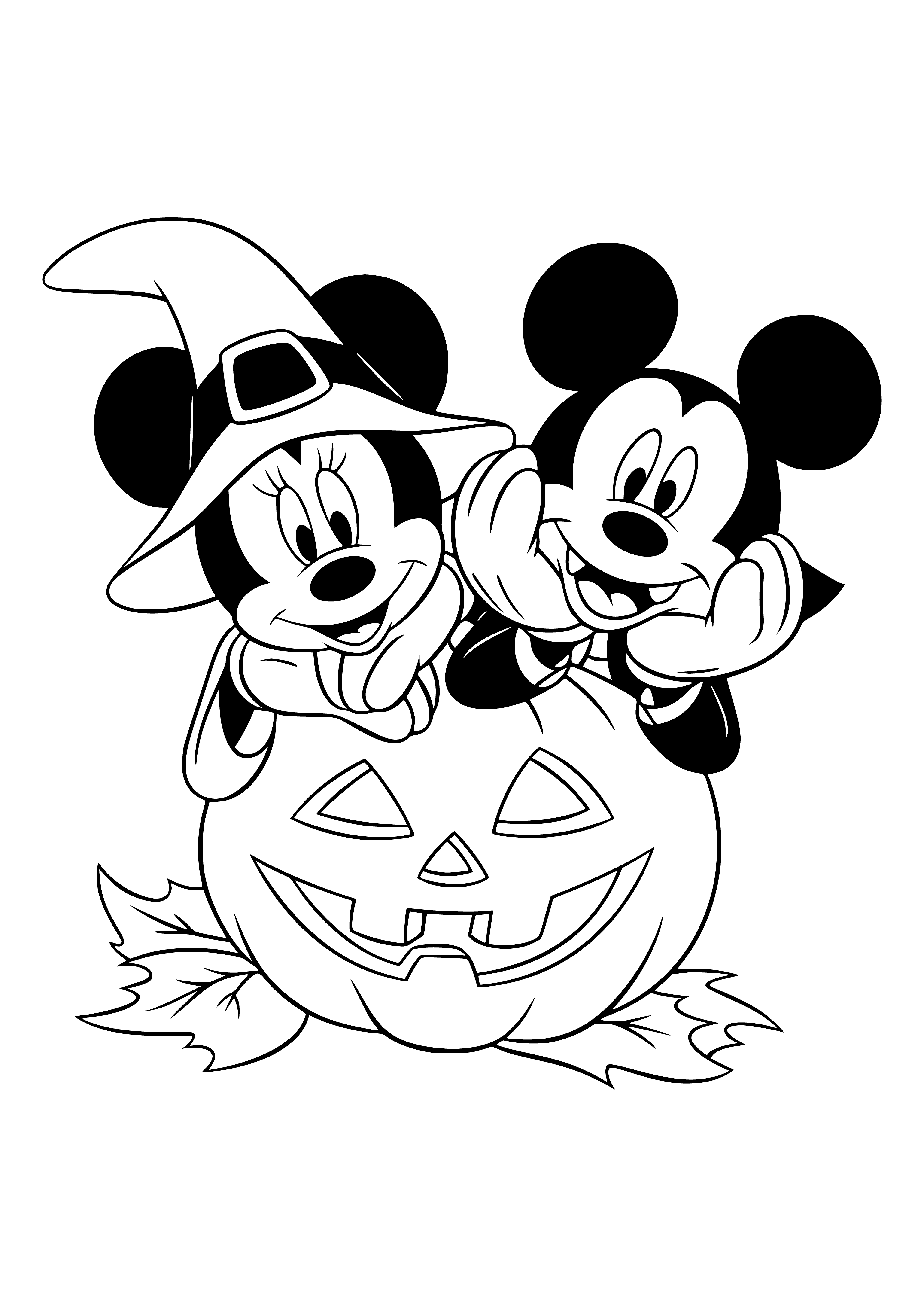 Minnie and Mickey Mouse on Halloween coloring page