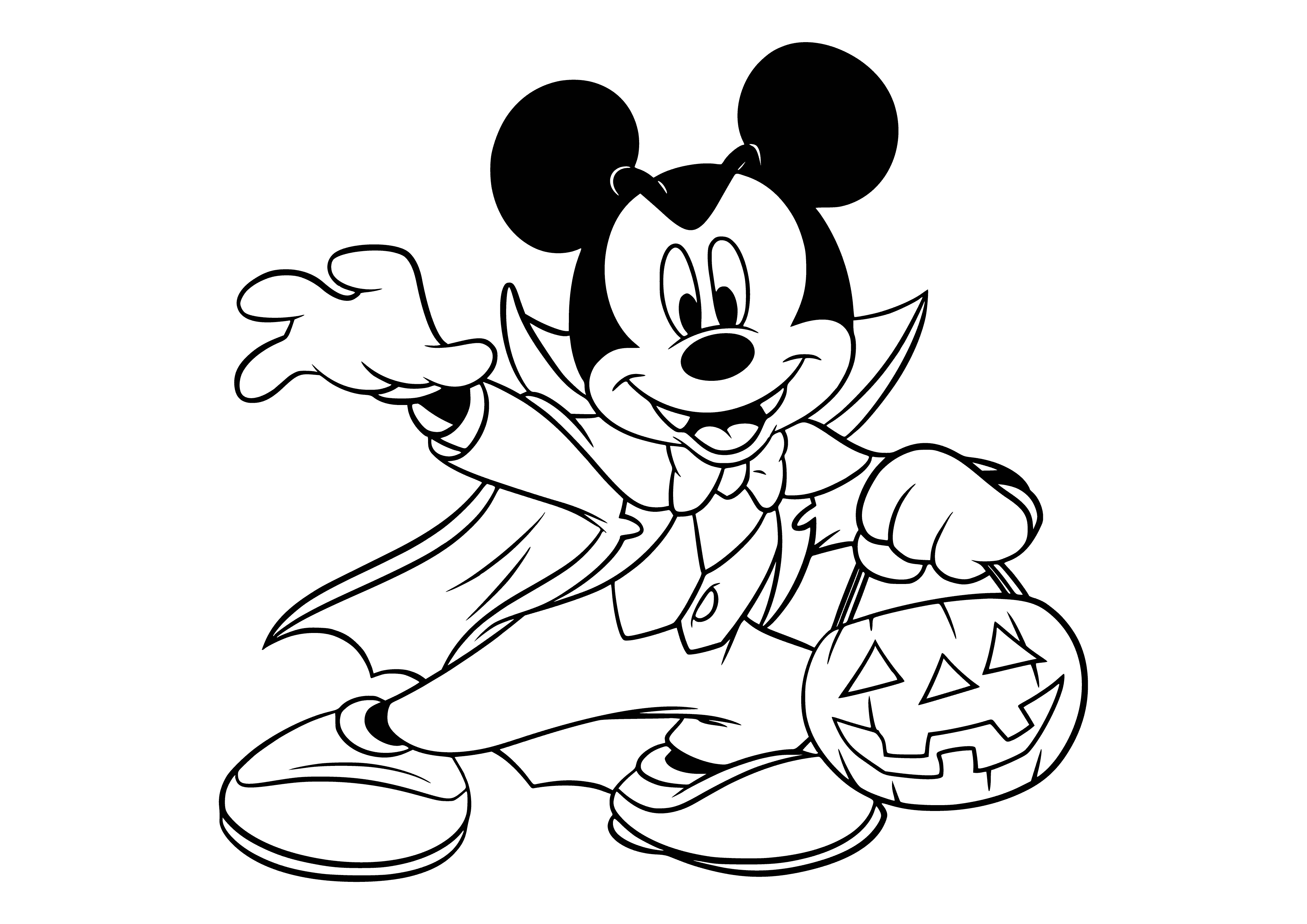 coloring page: Mickey Mouse wearing devil costume & holding wine in one hand & glass in other. Jack-o-lantern in background. Happy Halloween! #Halloween