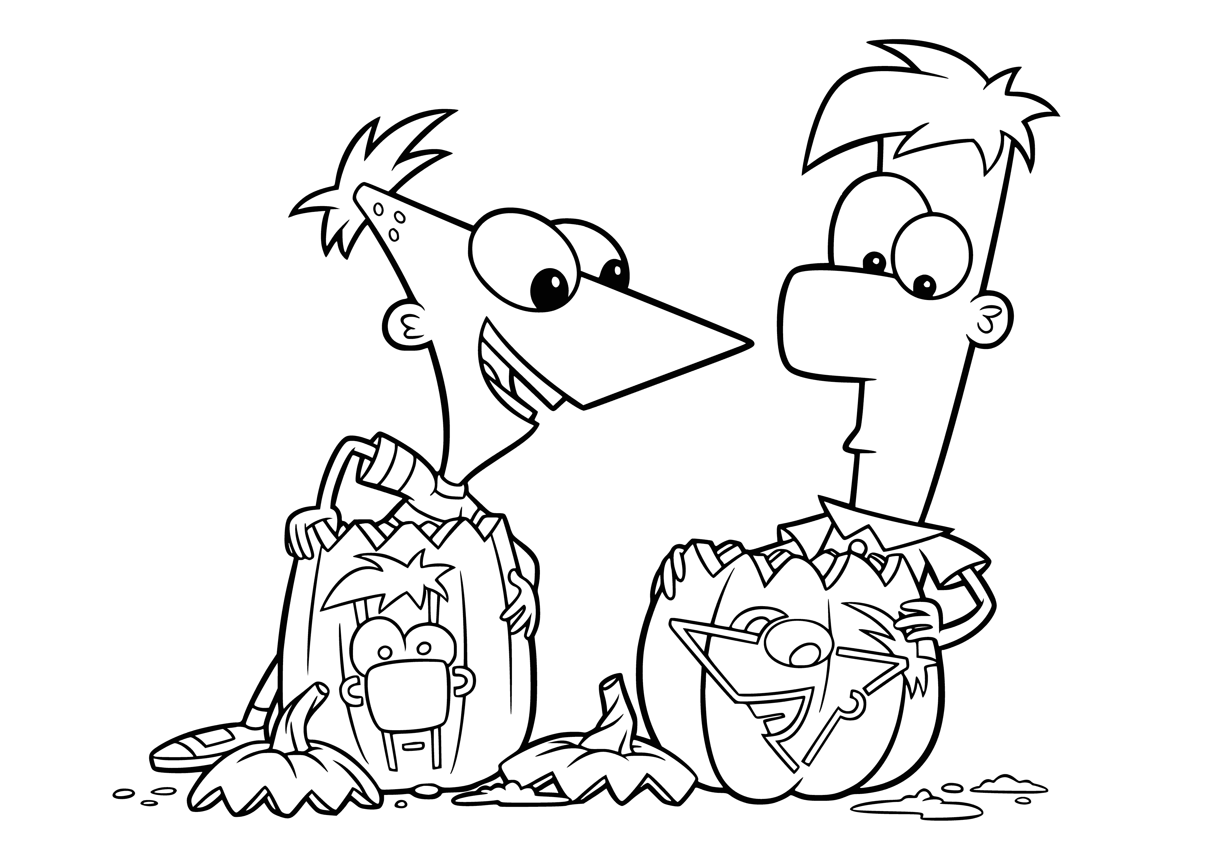 coloring page: Ferb & his mom, dressed as a witch & skeleton, smile in front of a large house. #HalloweenReady