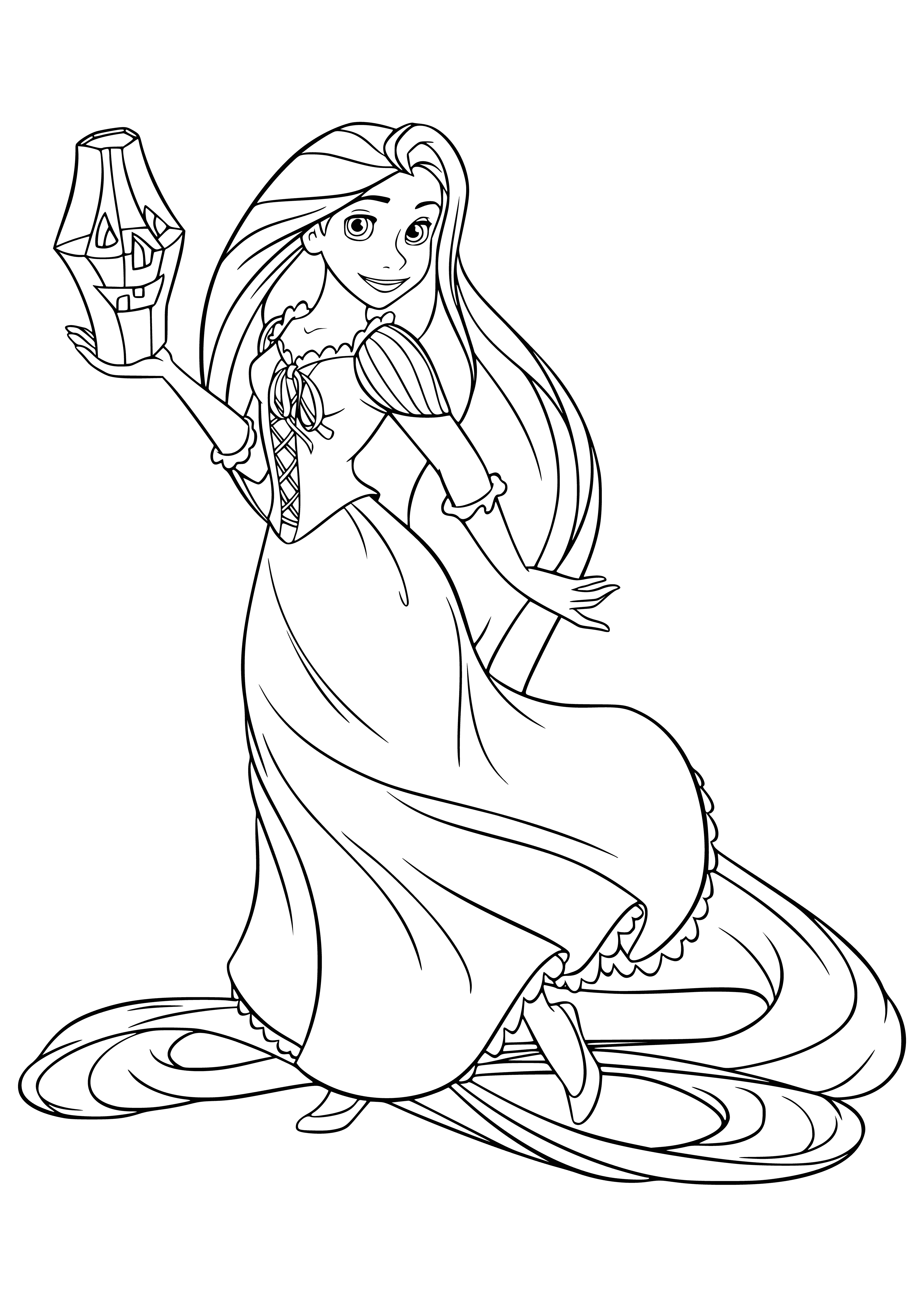 coloring page: Girl in purple dress & black cape holds pumpkin on doorstep, a black cat at her feet. #Halloween #Rapunzel #coloringpage