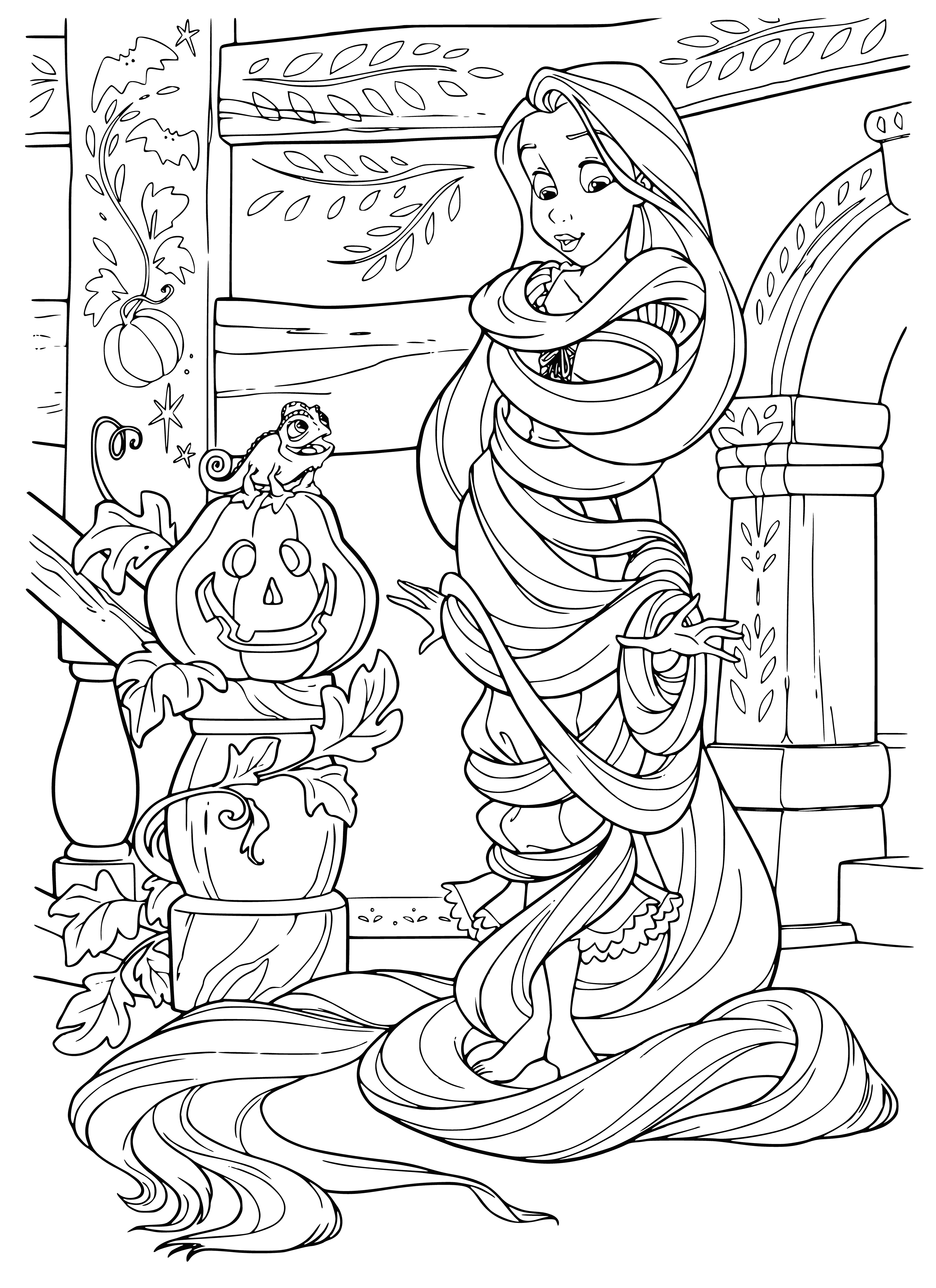coloring page: Rapunzel dresses up in a pink & purple dress w/ white cape & pink bow for Halloween & holds a pumpkin. #Halloween #DisneyPrincess