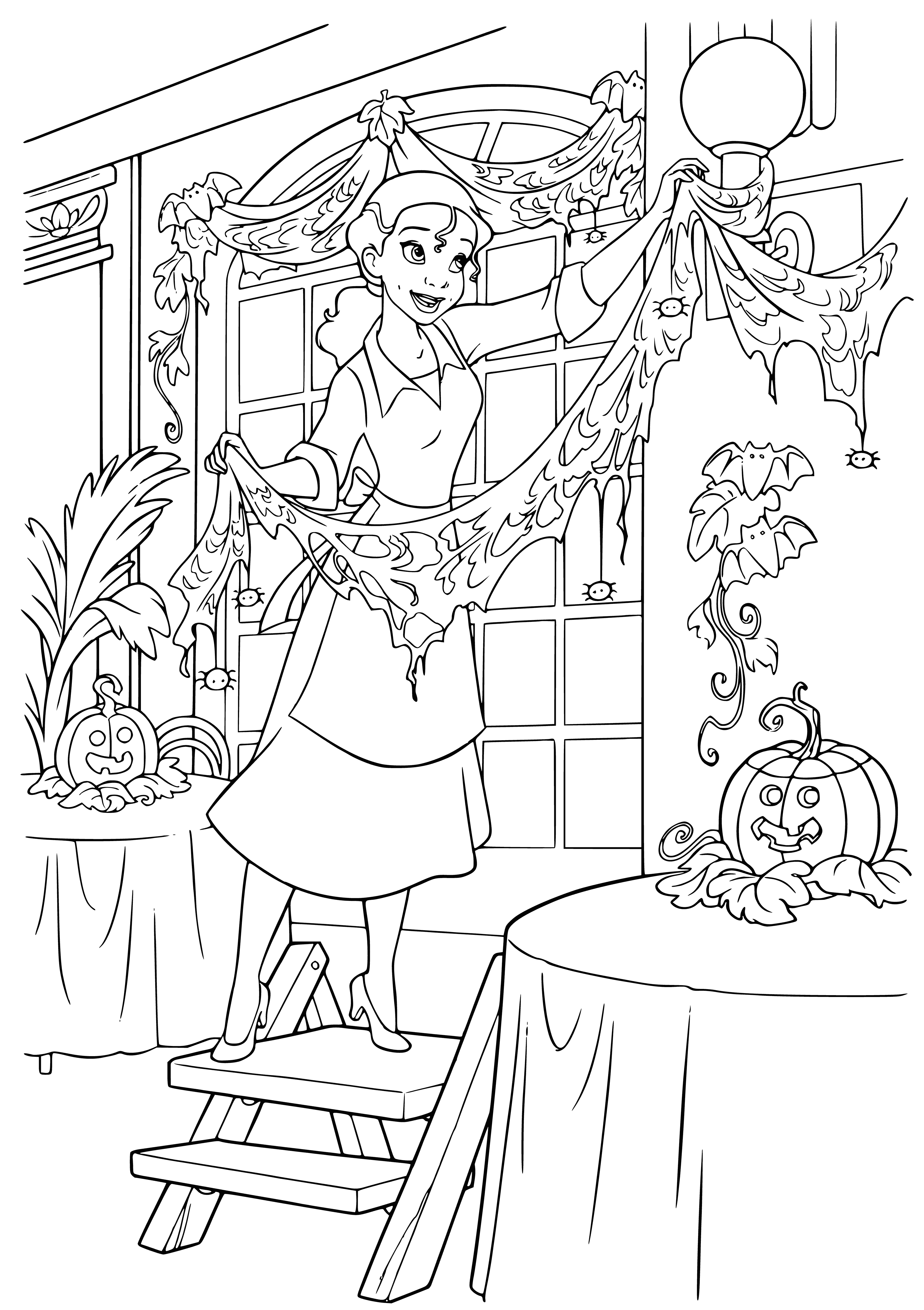 coloring page: Diana gets ready for Halloween in her bedroom with cat ears, decorations and a striped pumpkin.