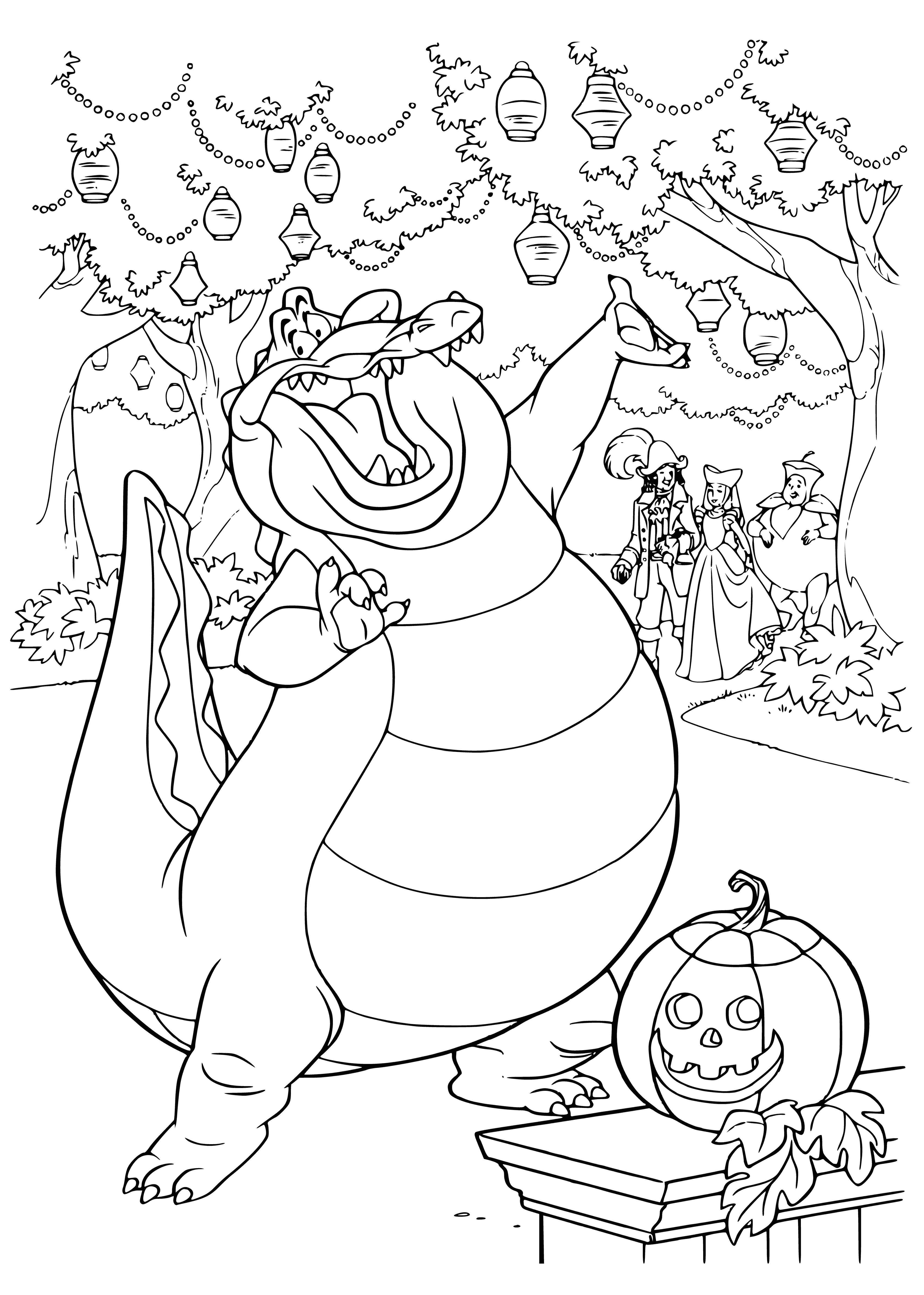 coloring page: At the table sits two people in costume, one a black cat, the other a witch; there's pumpkins, candy & a spider decoration. #Halloween