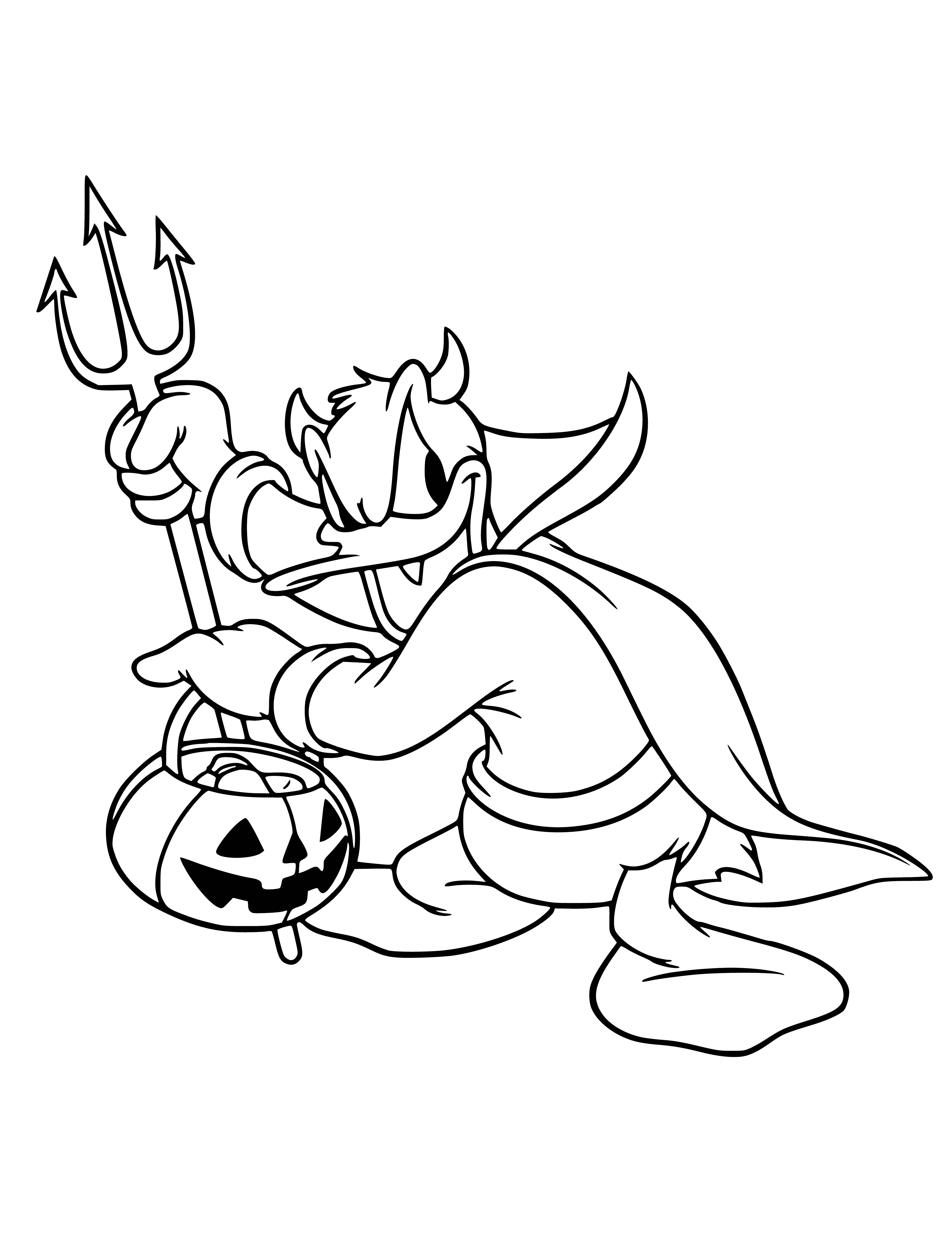 coloring page: Donald Duck is dressed as a pirate for Halloween, complete with black hat, red bandana, and denim jacket - candy filled bag in tow.