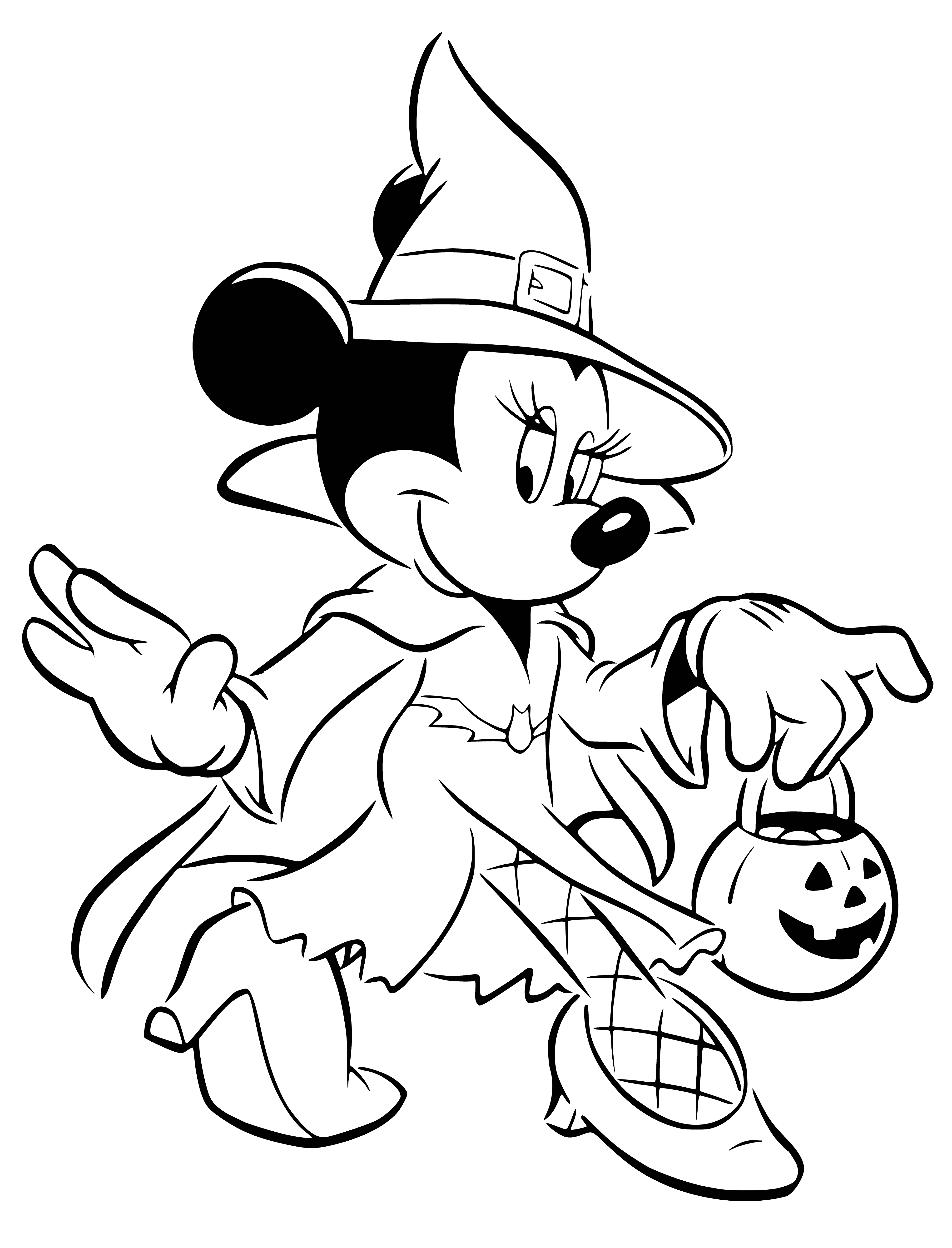 coloring page: Minnie Mouse is all ready for Halloween with a black dress, white polka dot bow, jack-o-lantern, and candle. She's headed out to go trick-or-treating with a big smile! #Halloween #MinnieMouse