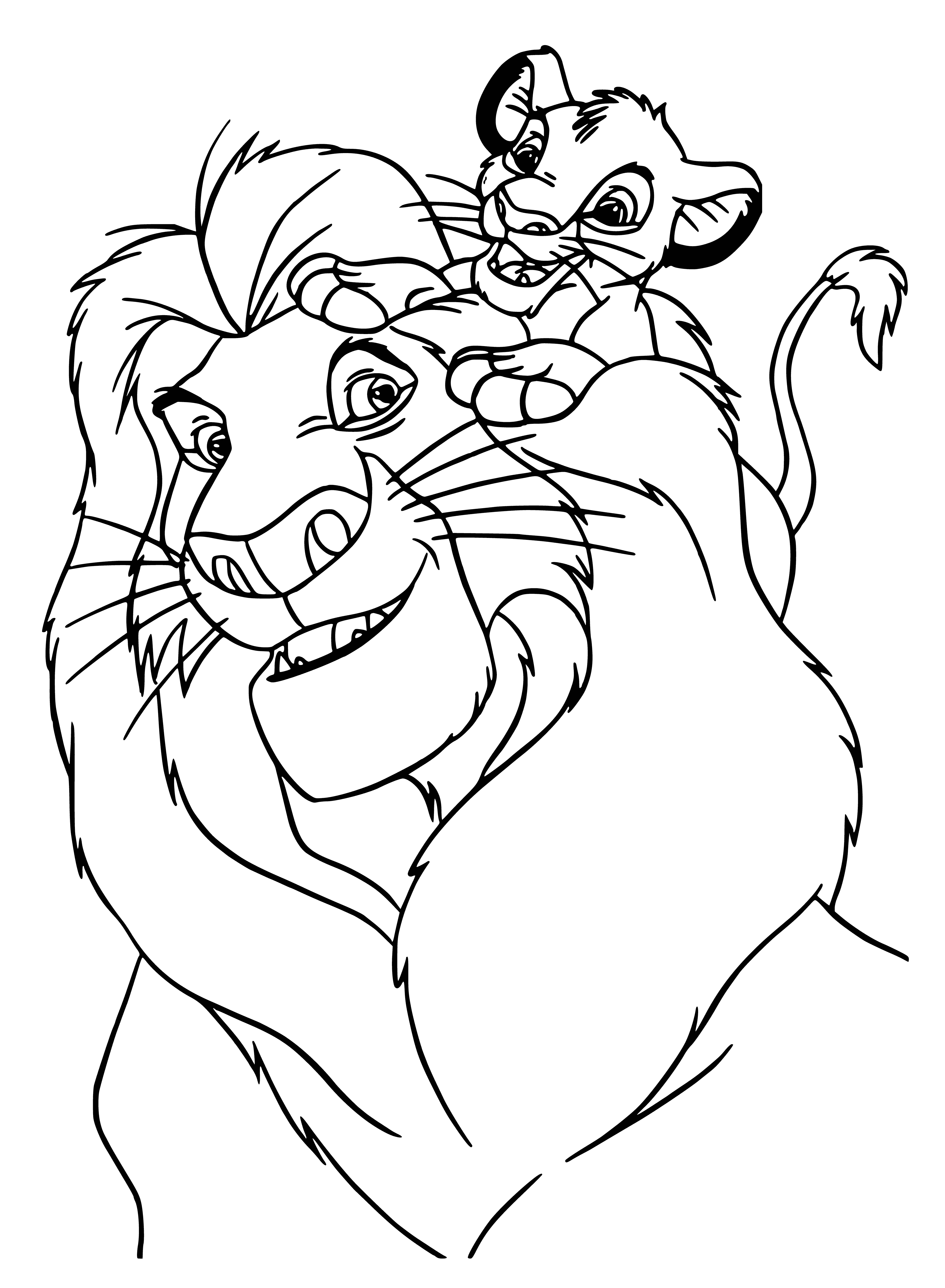 coloring page: King Mufasa rules the Pride Lands with kindness, His son Simba is a playful, energetic cub with a tuft of black hair. #DisneyAnimals #LionKing