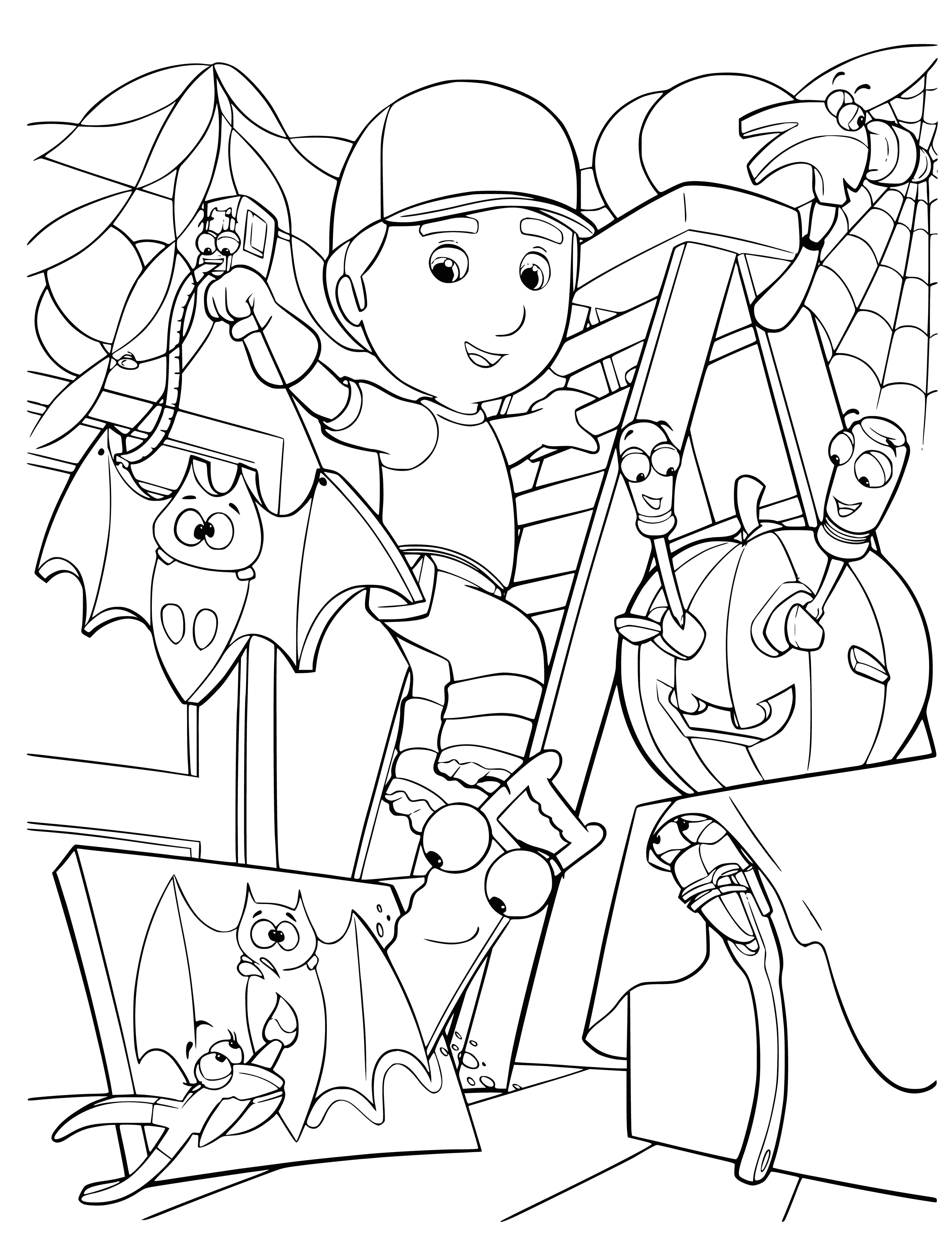 coloring page: Manny and tools prep for Halloween: Toolbelt sorts pumpkins, Pat paints jack-o-lantern, Turner &Stretch hang decorations, Squeeze near candy bowl.