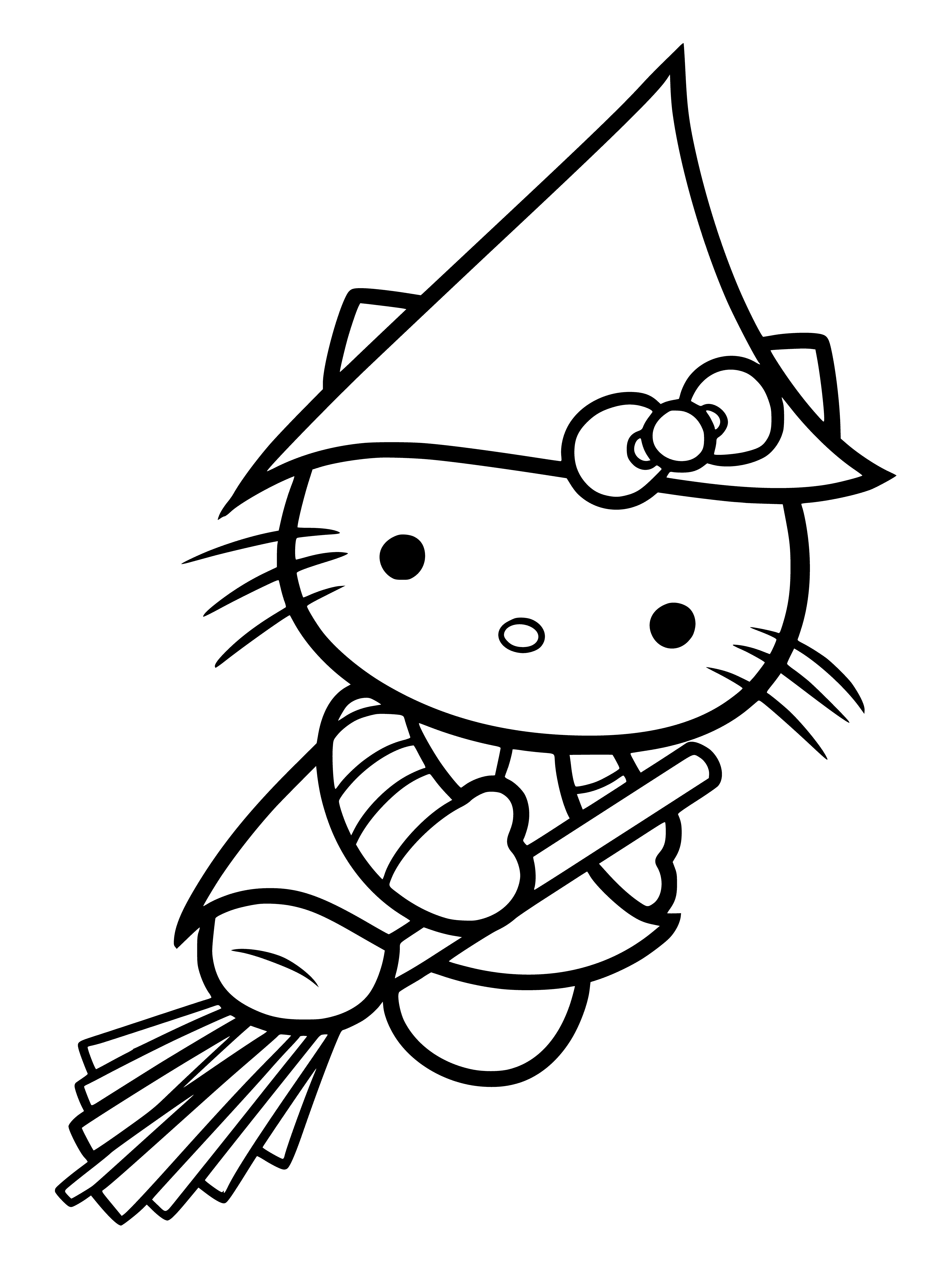 coloring page: Black cat on Jack-o-Lantern, wearing purple bow, green eyes. Orange & black witch hat in background. #Halloween #ColoringPage
