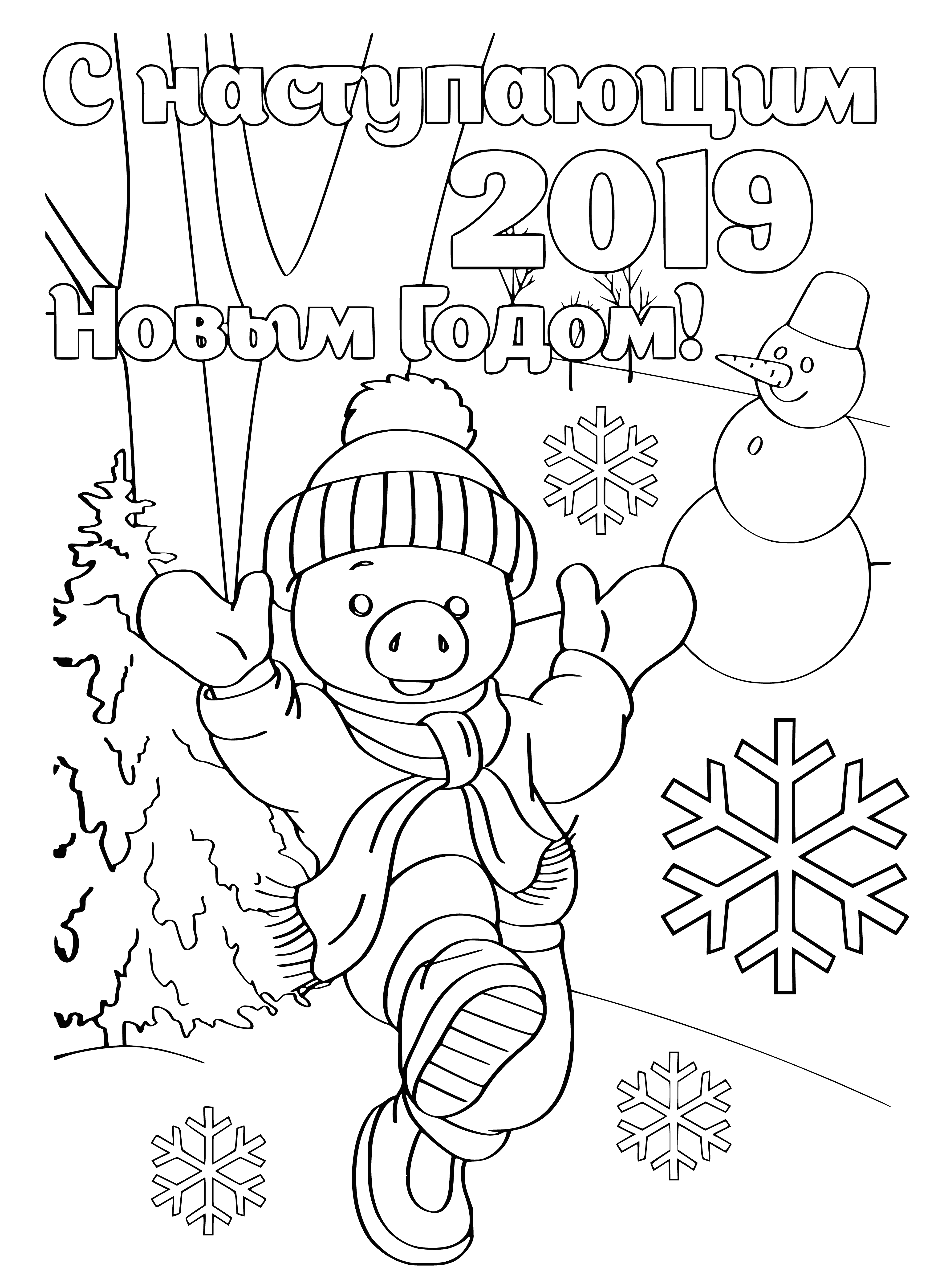 coloring page: Piglet wearing red scarf, hat and holding red snowball in snowy scene - ideal for coloring!