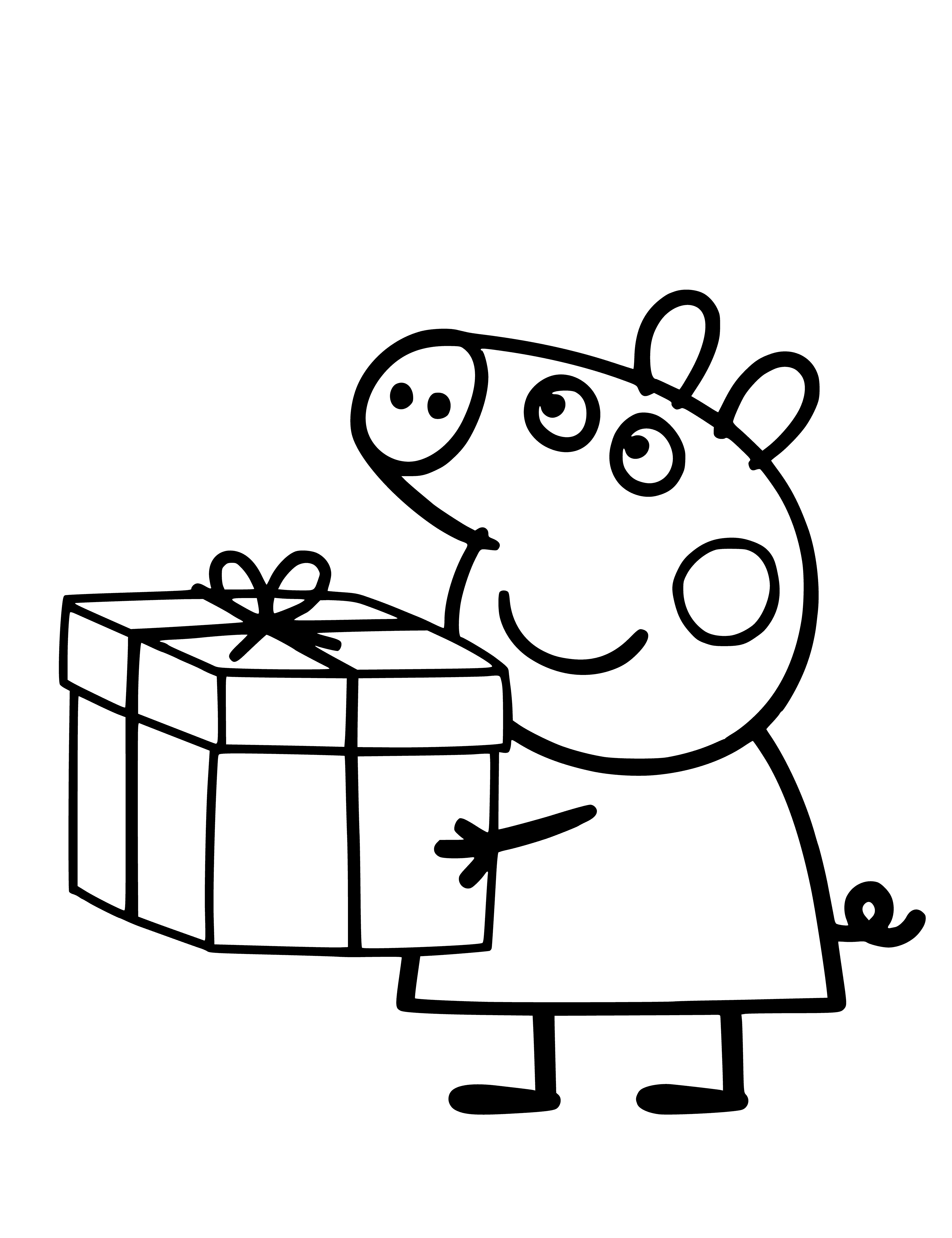coloring page: 3 piglets wearing bows: 1 holding present, 2 waiting; making gift giving fun for kids.