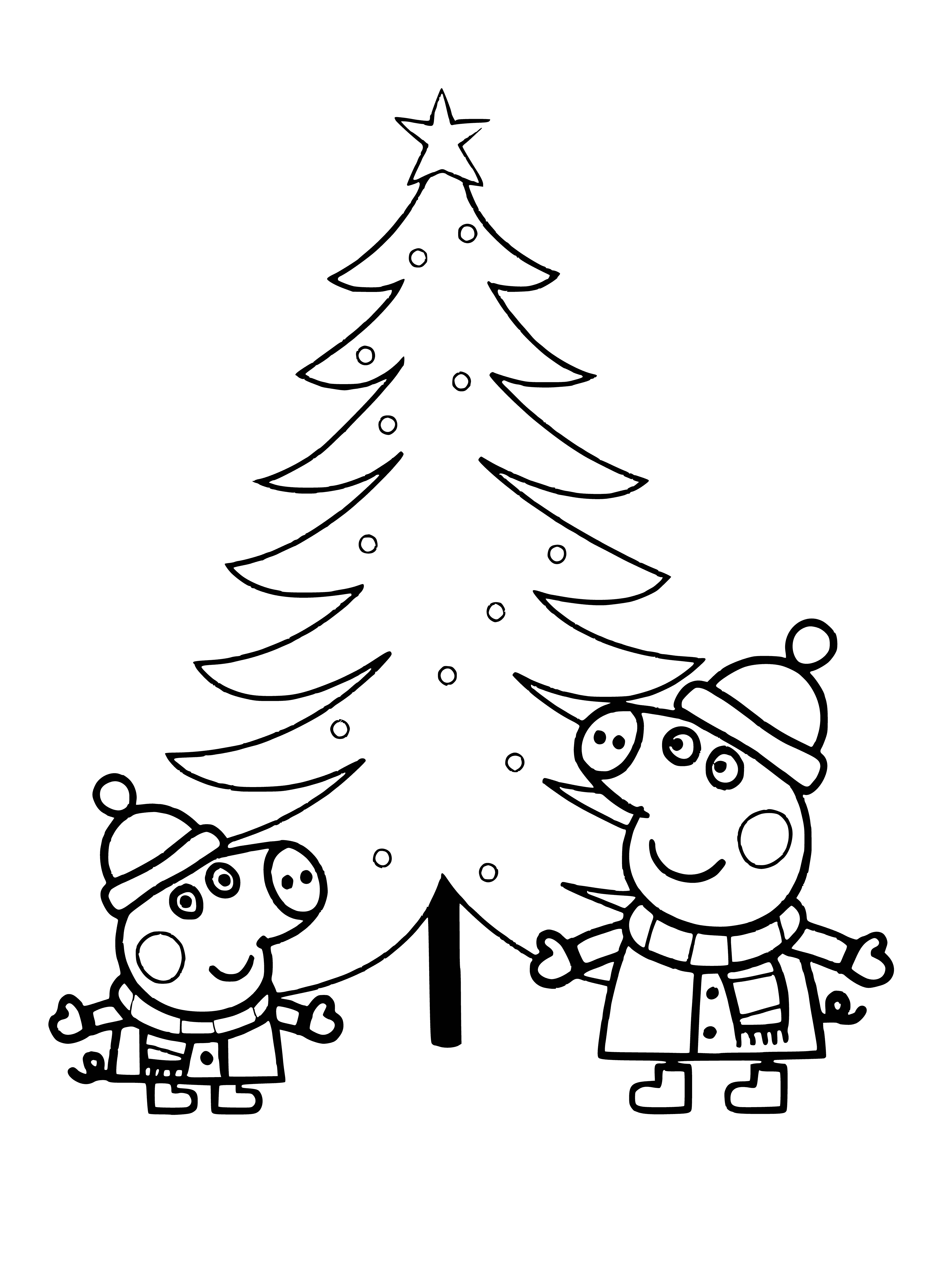 coloring page: Two piglets in Xmas hats stand in front of a tree, each holding a different colored balloon. Both have brown hair. #Christmas
