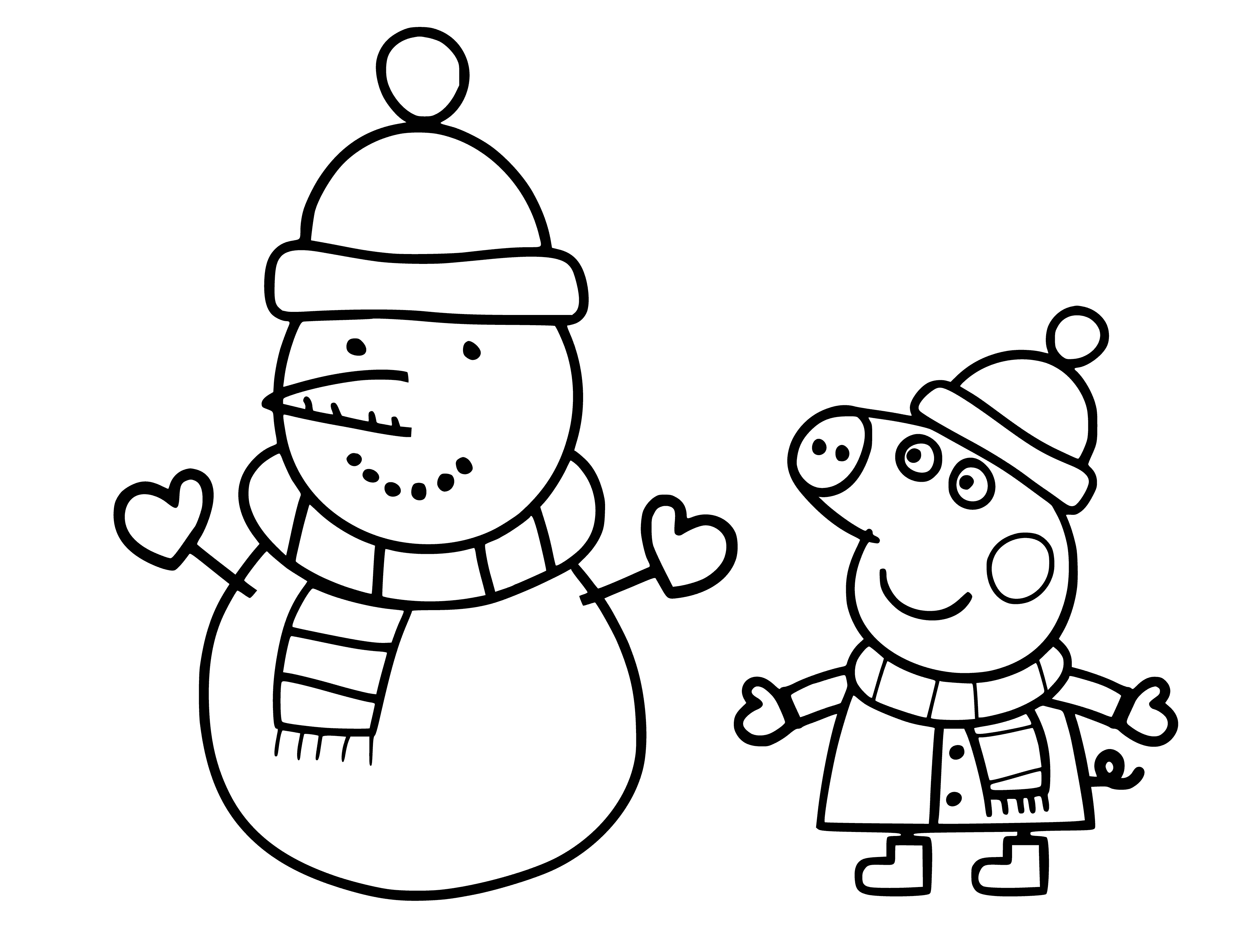 coloring page: Two piglets laughing: one standing on a snowman, the other on the ground.