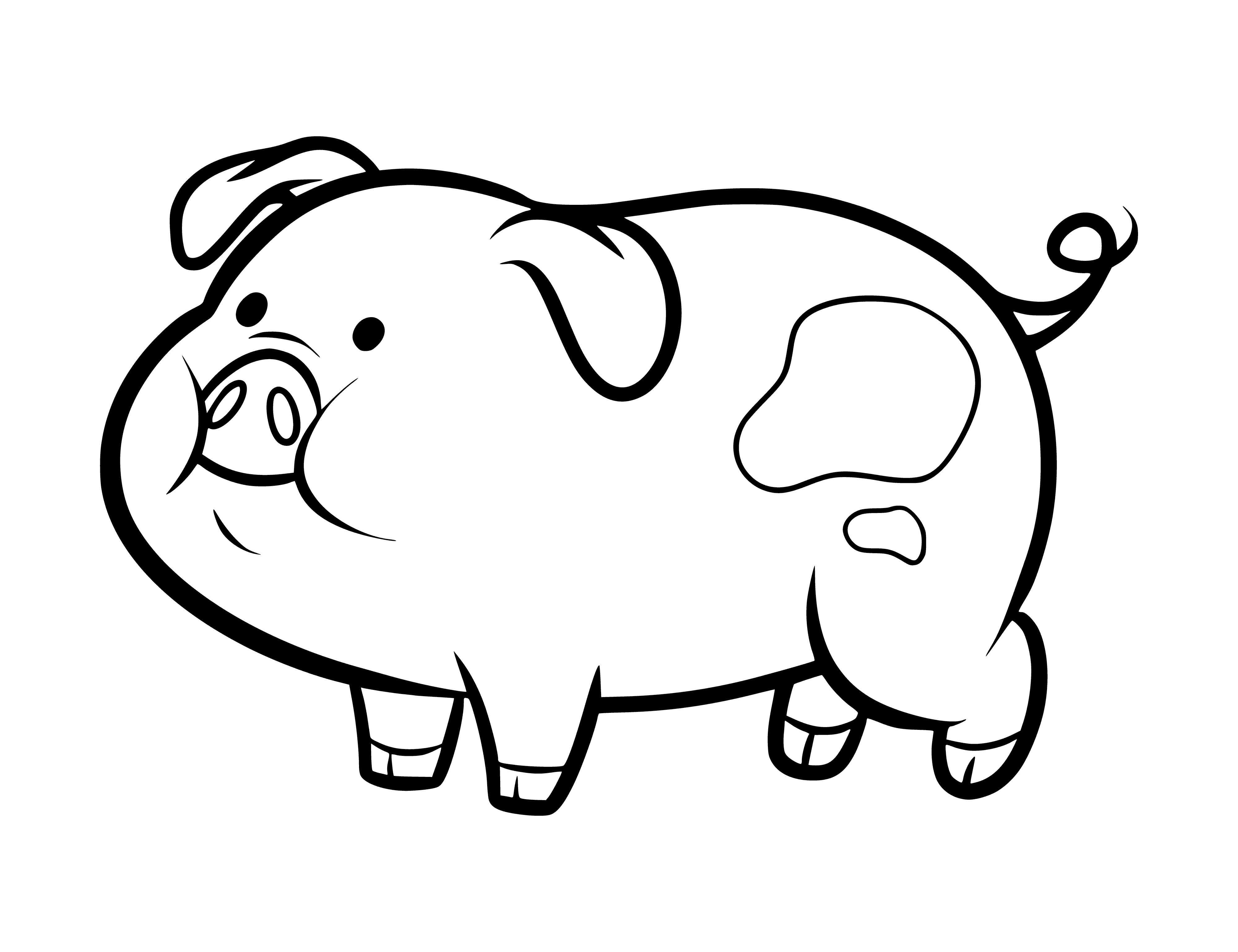 coloring page: Small pig sits eating from bowl; has short, pink fur, snout, curly tail and black eyes.