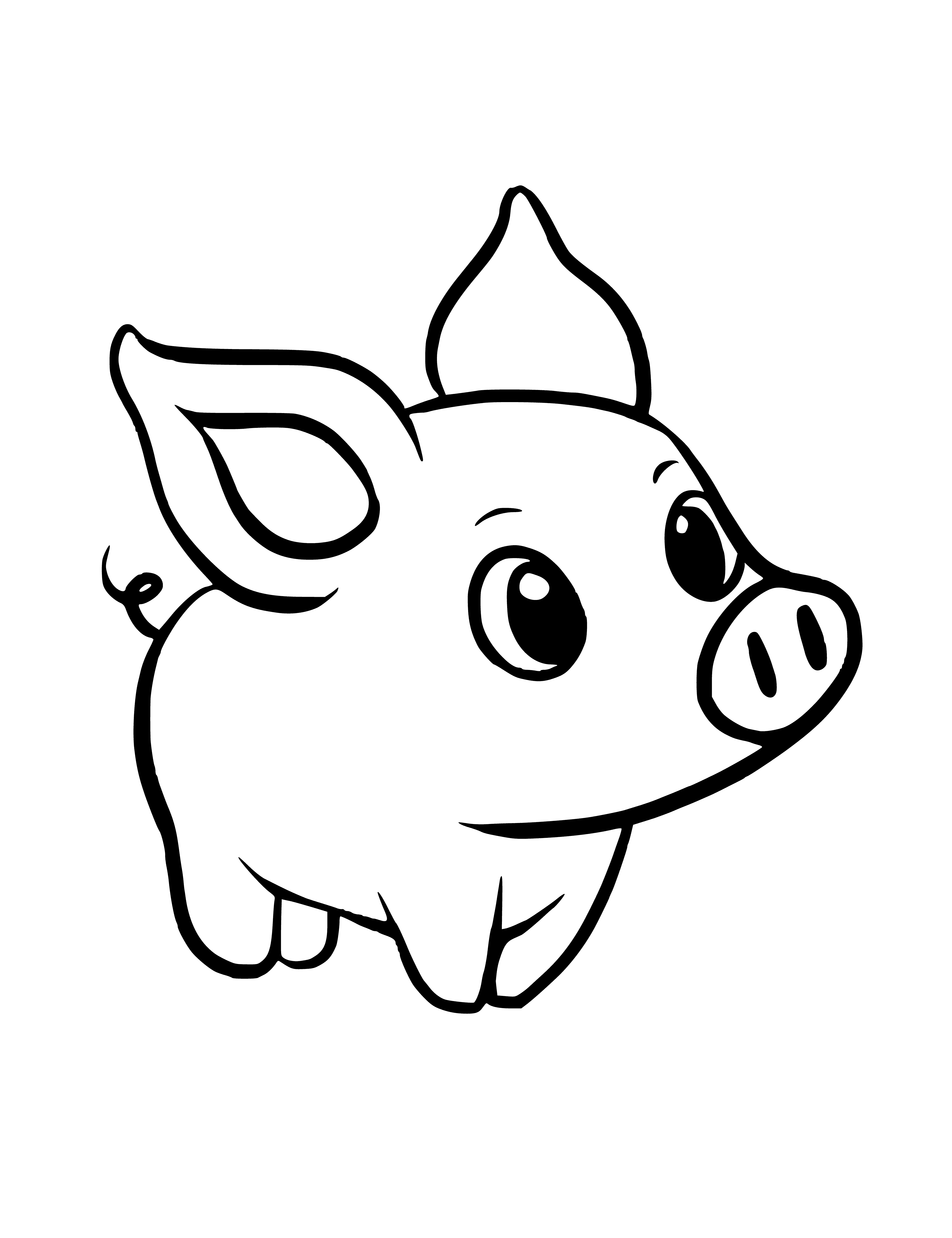 coloring page: A small, brown & pink pig stands in the center with five piglets, all w/ floppy ears & snouts, surrounding it.