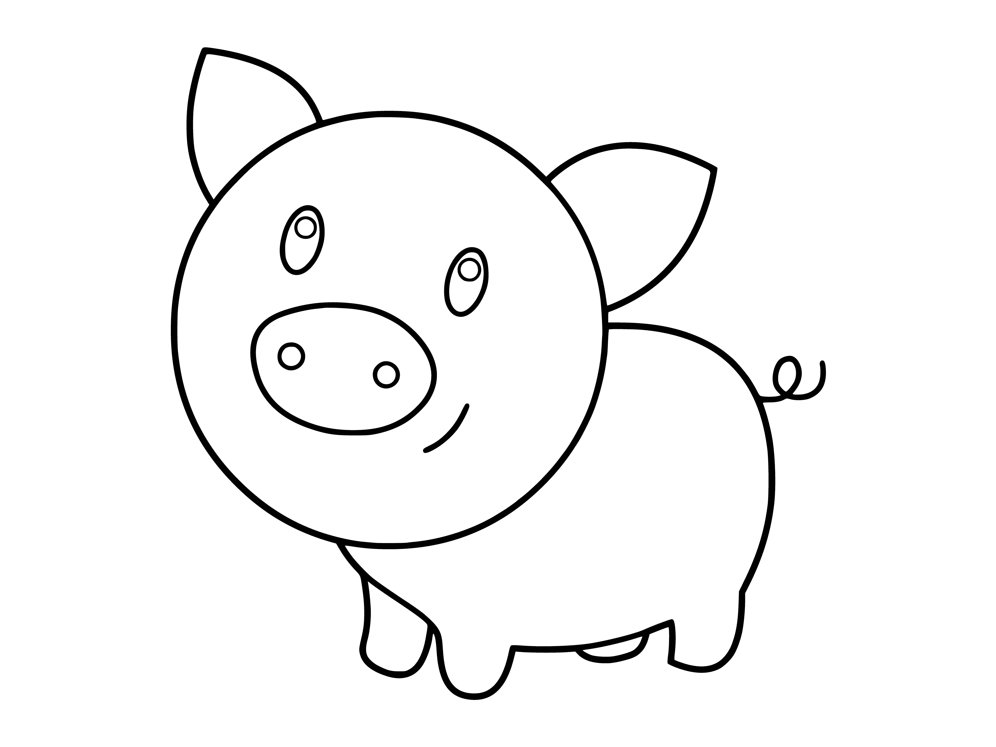 coloring page: Small, pink piglet with long snout, four legs, floppy ears & green leaf behind. Black eyes & curled tail complete the coloring page. #piglet