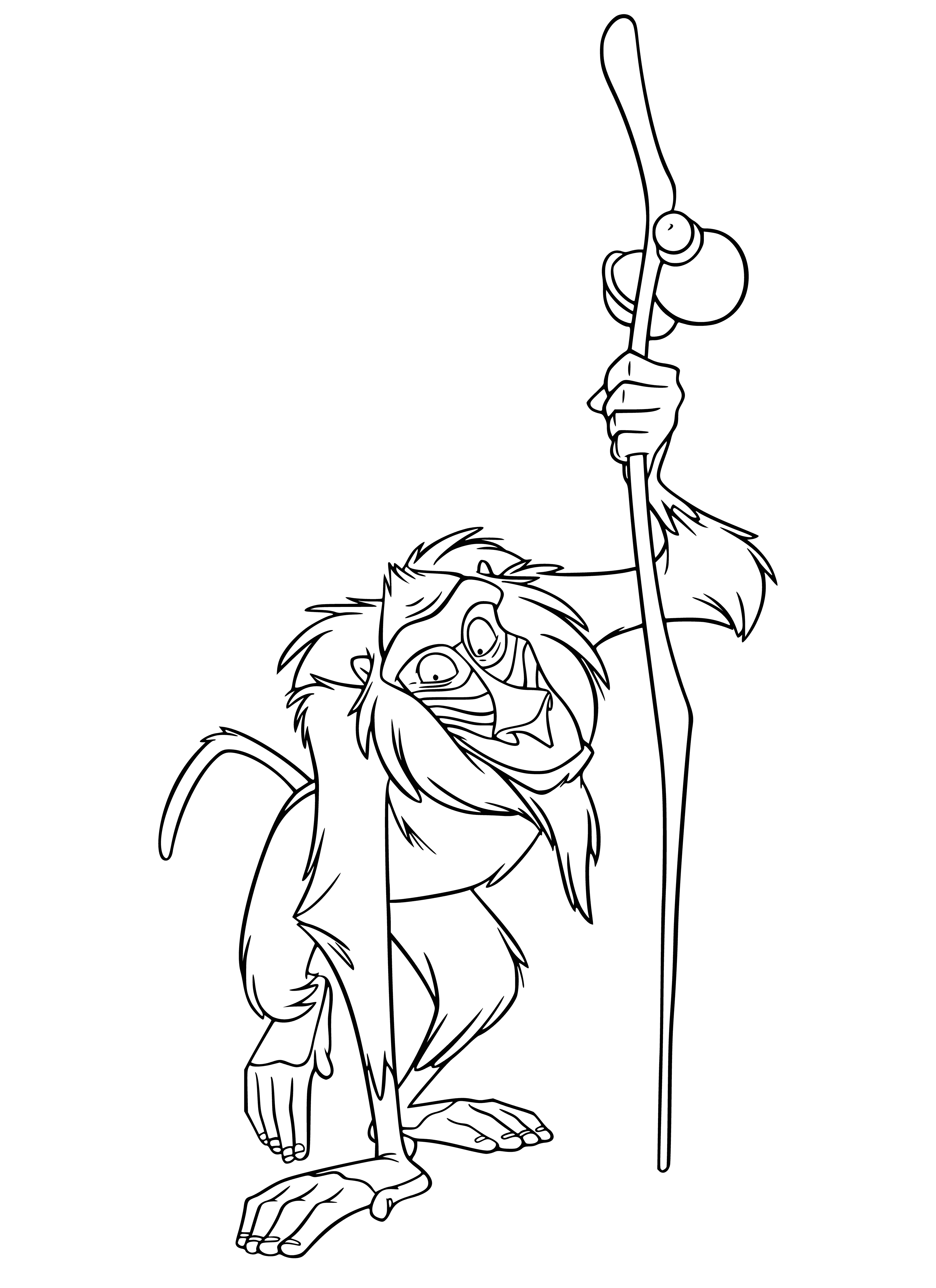 coloring page: Old baboon in red/yellow robe w/ long gray beard & stick sits on rock. Next to him is a small lion cub. #Animals #Africa #Safari