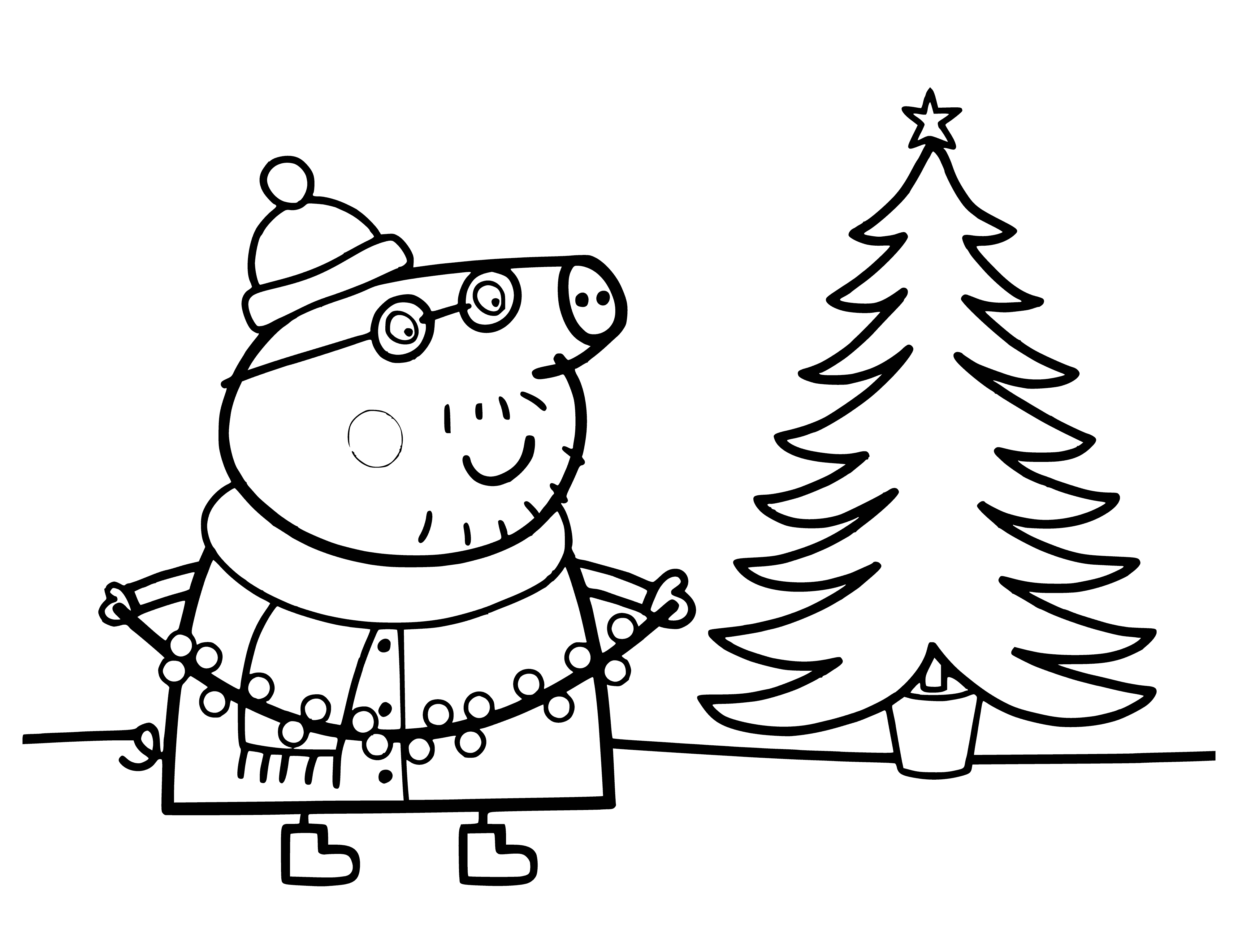 coloring page: Father Pig decorates the Christmas tree as the fire crackles in the fireplace and the wreath happily hangs on the mantel.