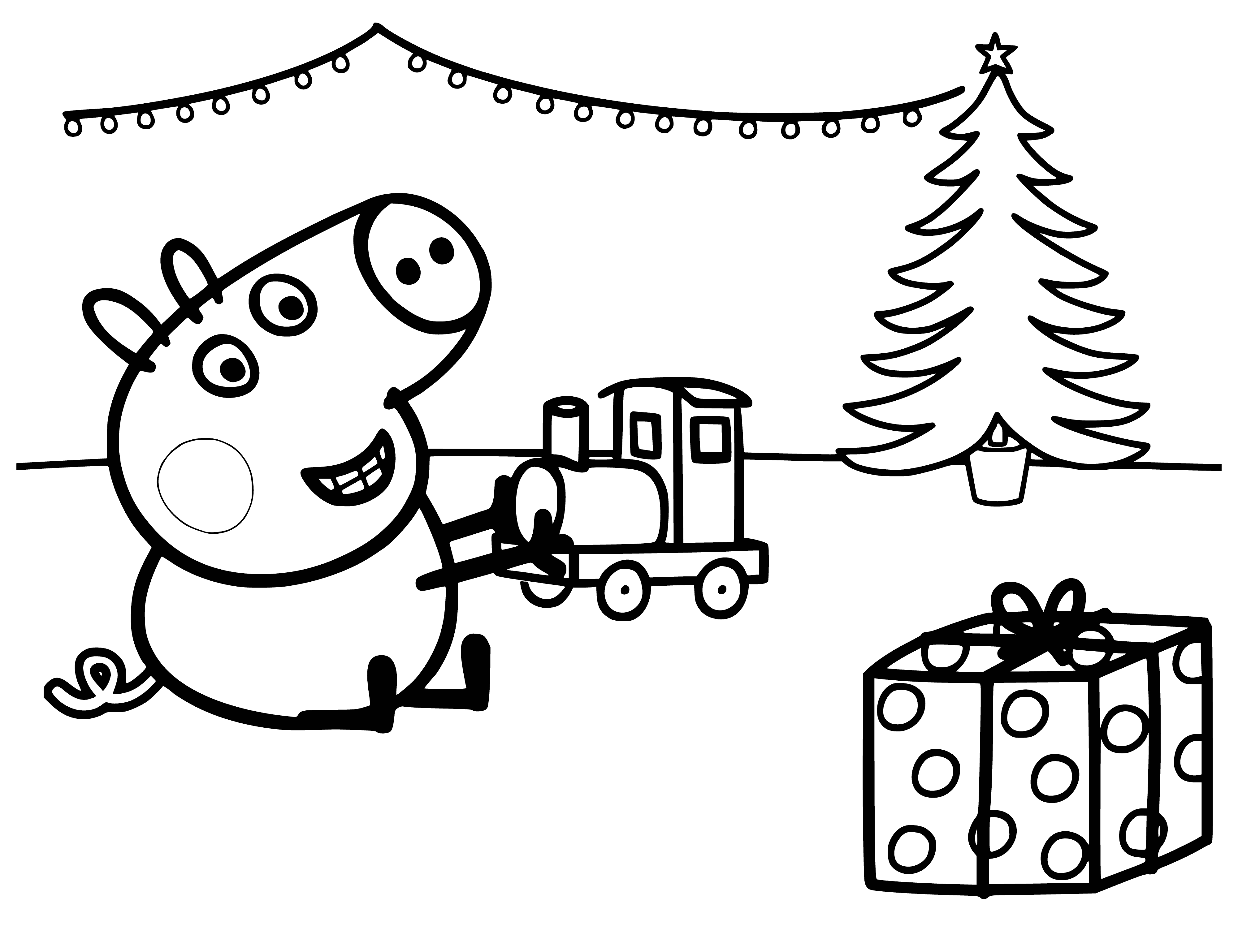 coloring page: Peppa Pig stands in front of a Xmas tree & presents surrounded by a banner "Gifts for the New Year". She holds a wrapped present & there's a table with a large cake on the left.