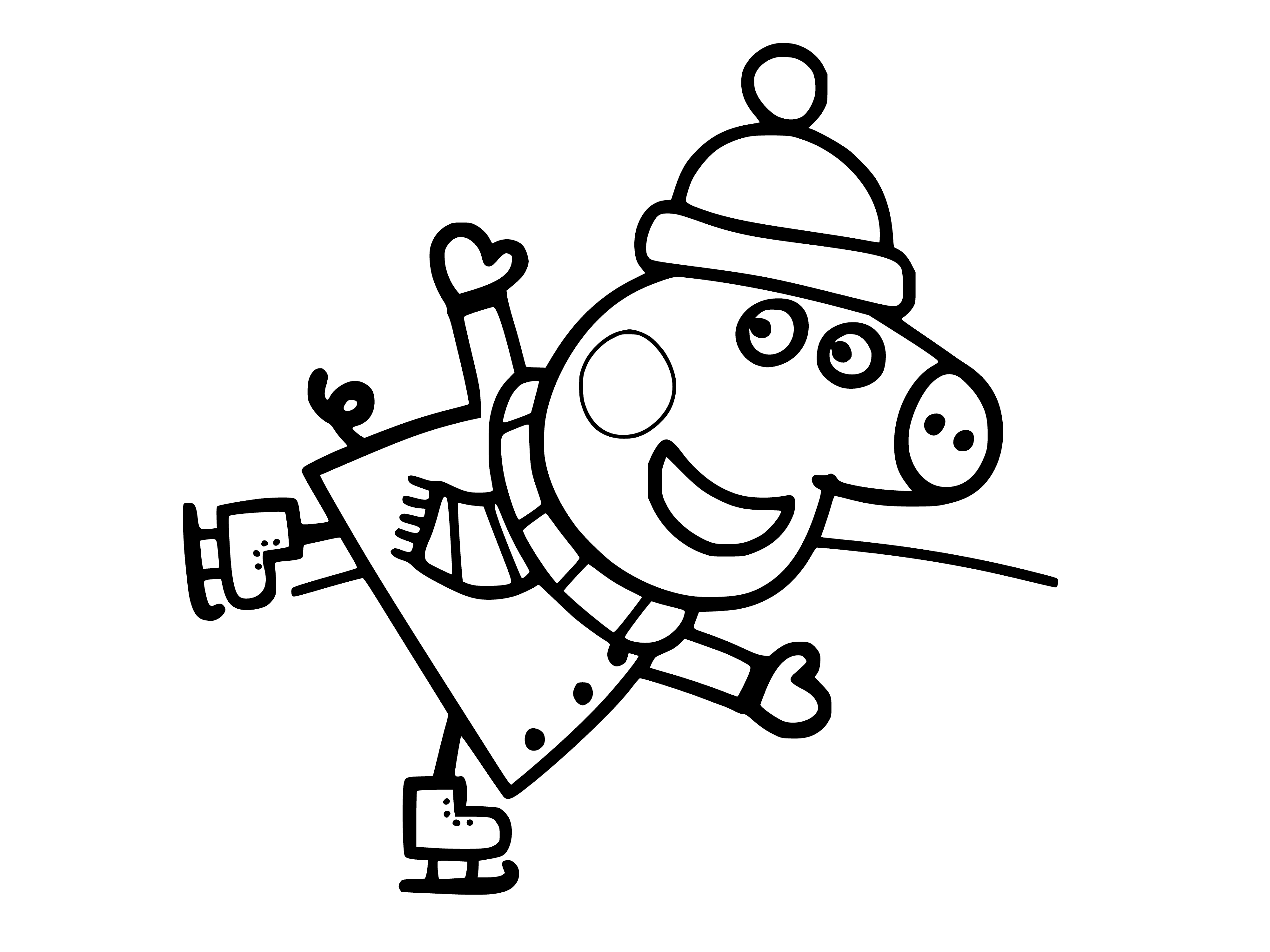 coloring page: Peppa Pig is skating on ice, dressed in pink with her hair in pigtails. She has a skate in her hand and is surrounded by snow.