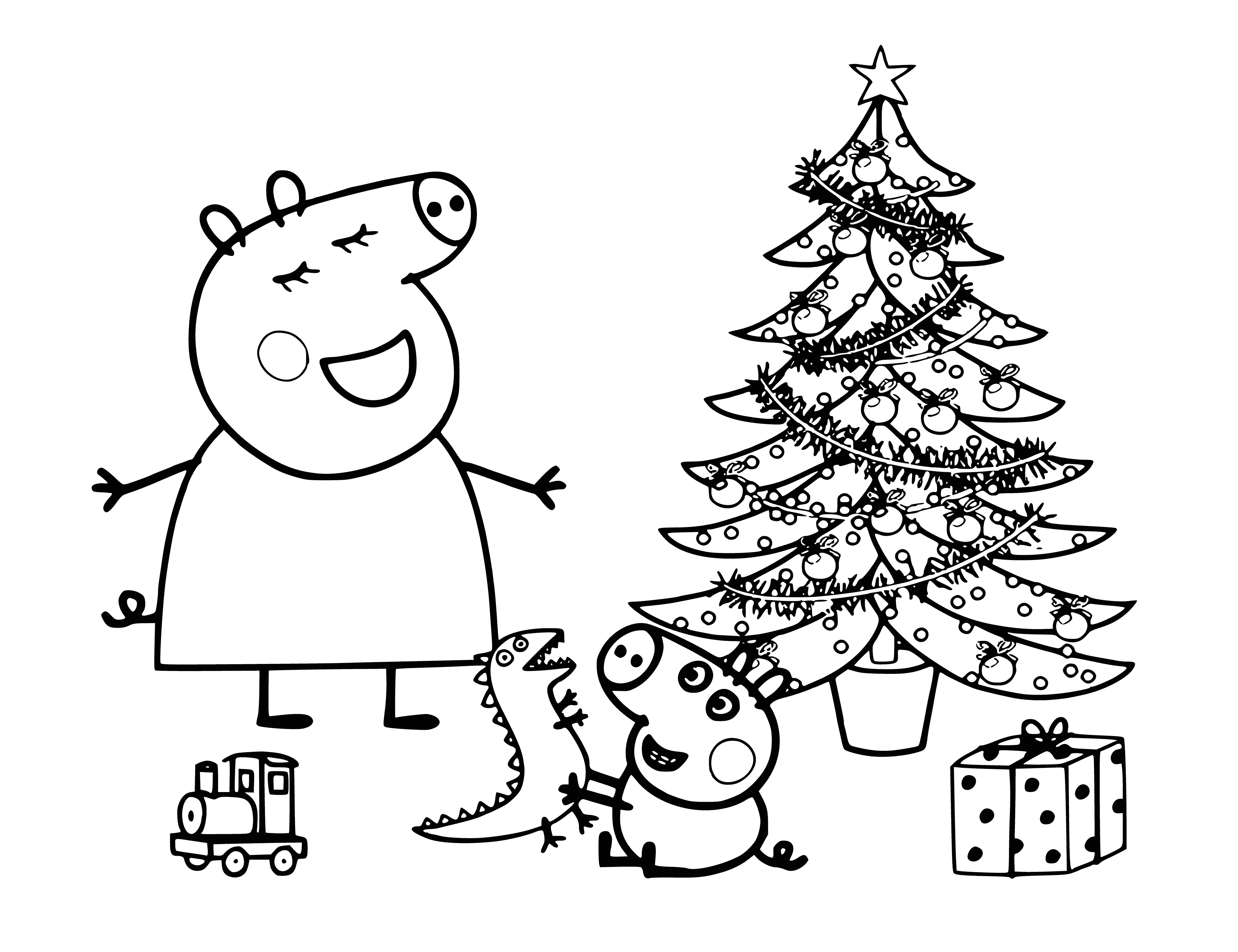 coloring page: Peppa, George & their parents all dressed up, standing by a fireplace, a clock saying it's midnight, holding balloons & champagne glasses-happy!