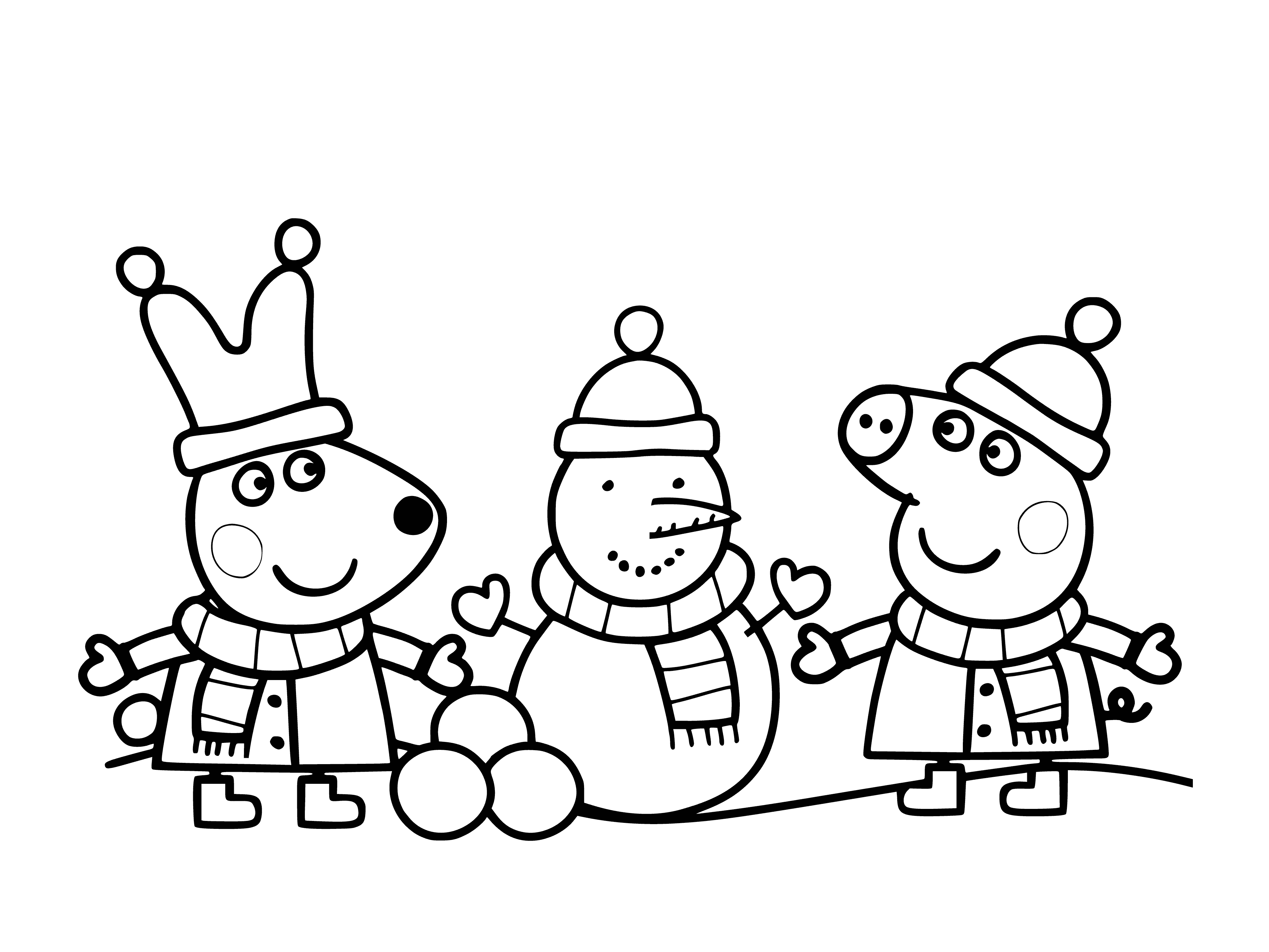 Peppa Pig et Rebecca le lapin font un bonhomme de neige coloriage