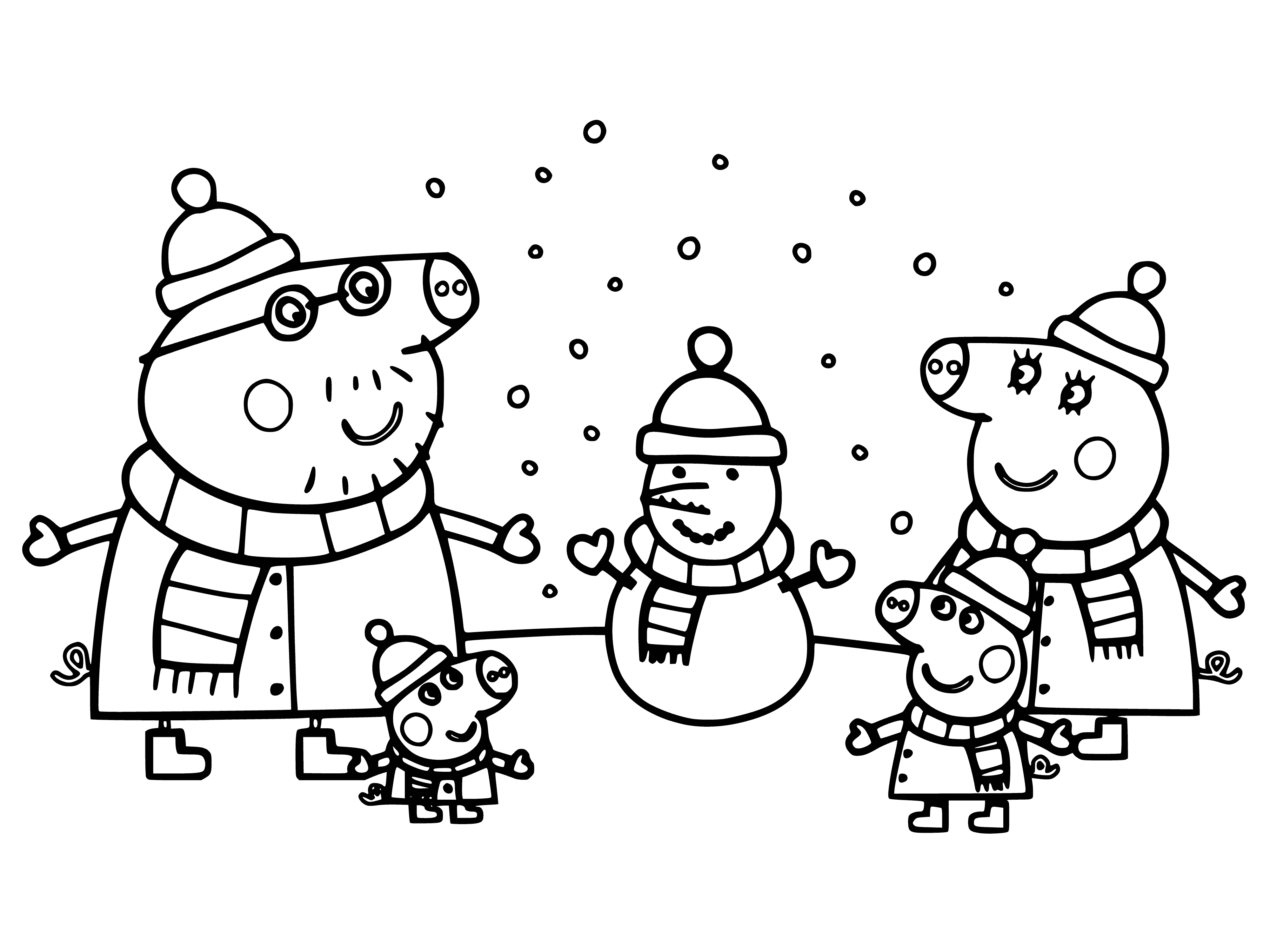 coloring page: Family of pigs make snowman w/carrot nose and stick arms - all wearing winter clothes!