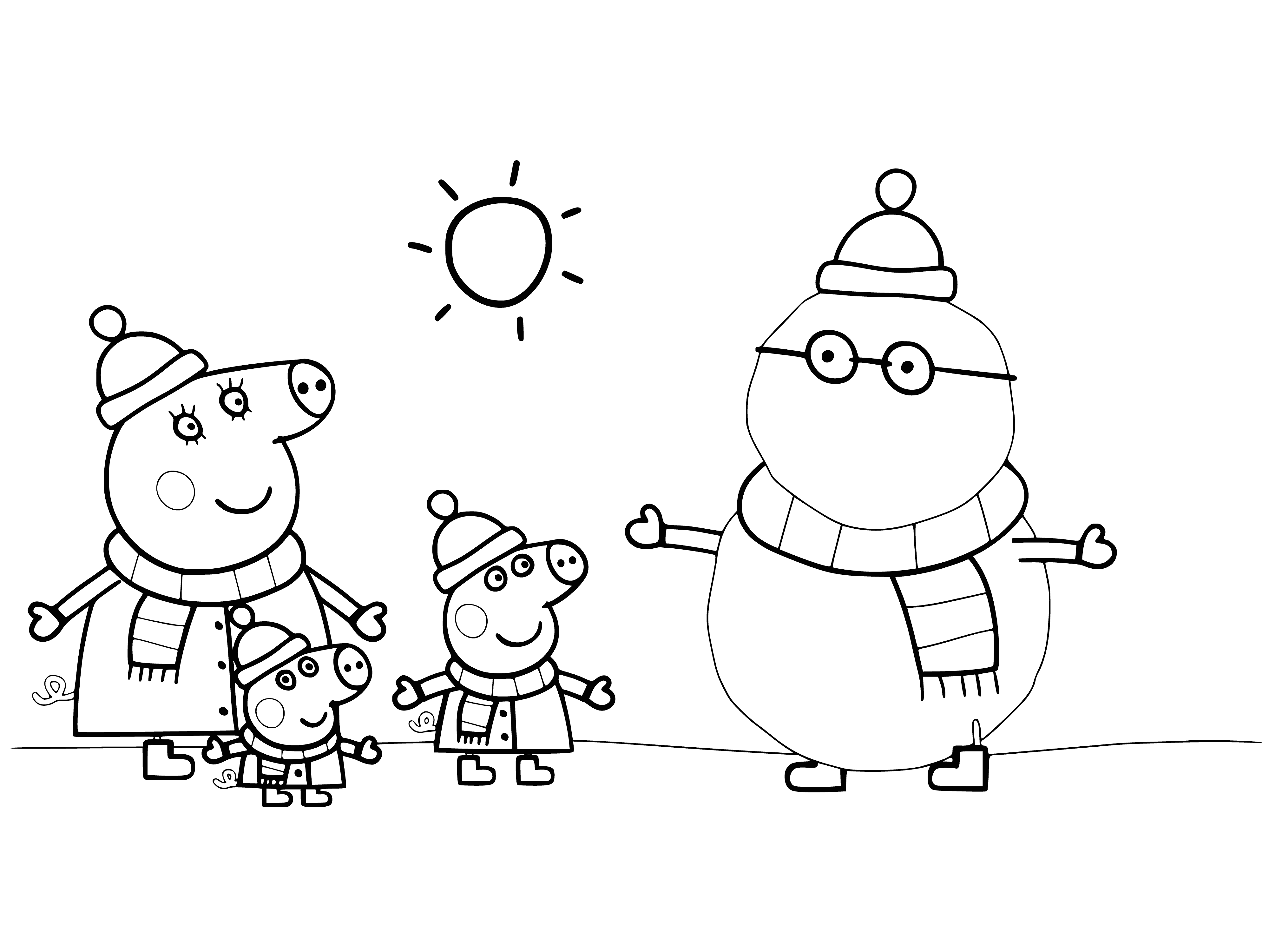 coloring page: Peppa wears a pink winter coat and hat, holding a white scarf. Two snowmen in the center of the page.