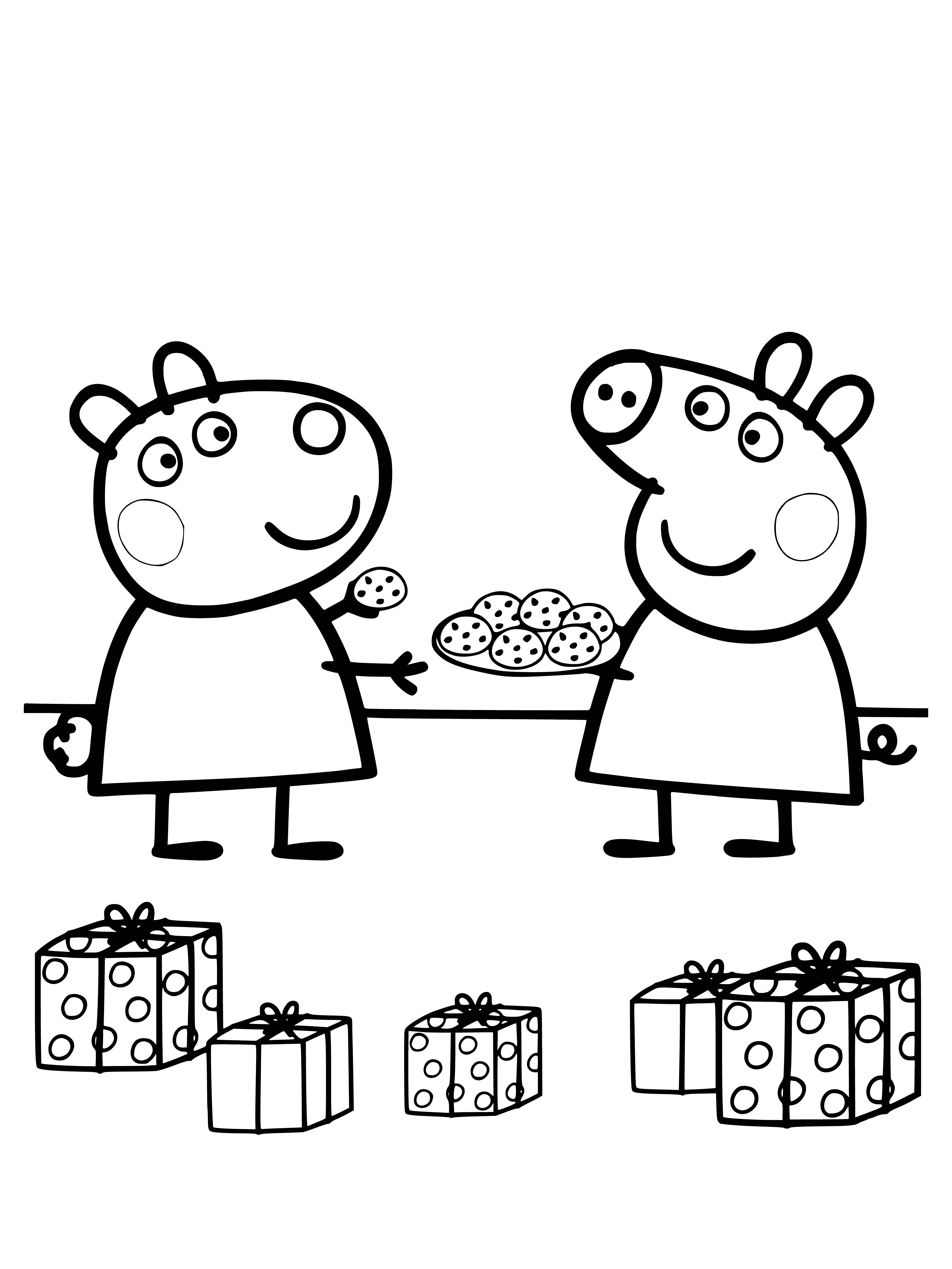 coloring page: Peppa & Susie have fun playing together on a hill: Peppa in a blue dress & Susie in a pink dress, both smiling. #FriendshipGoals