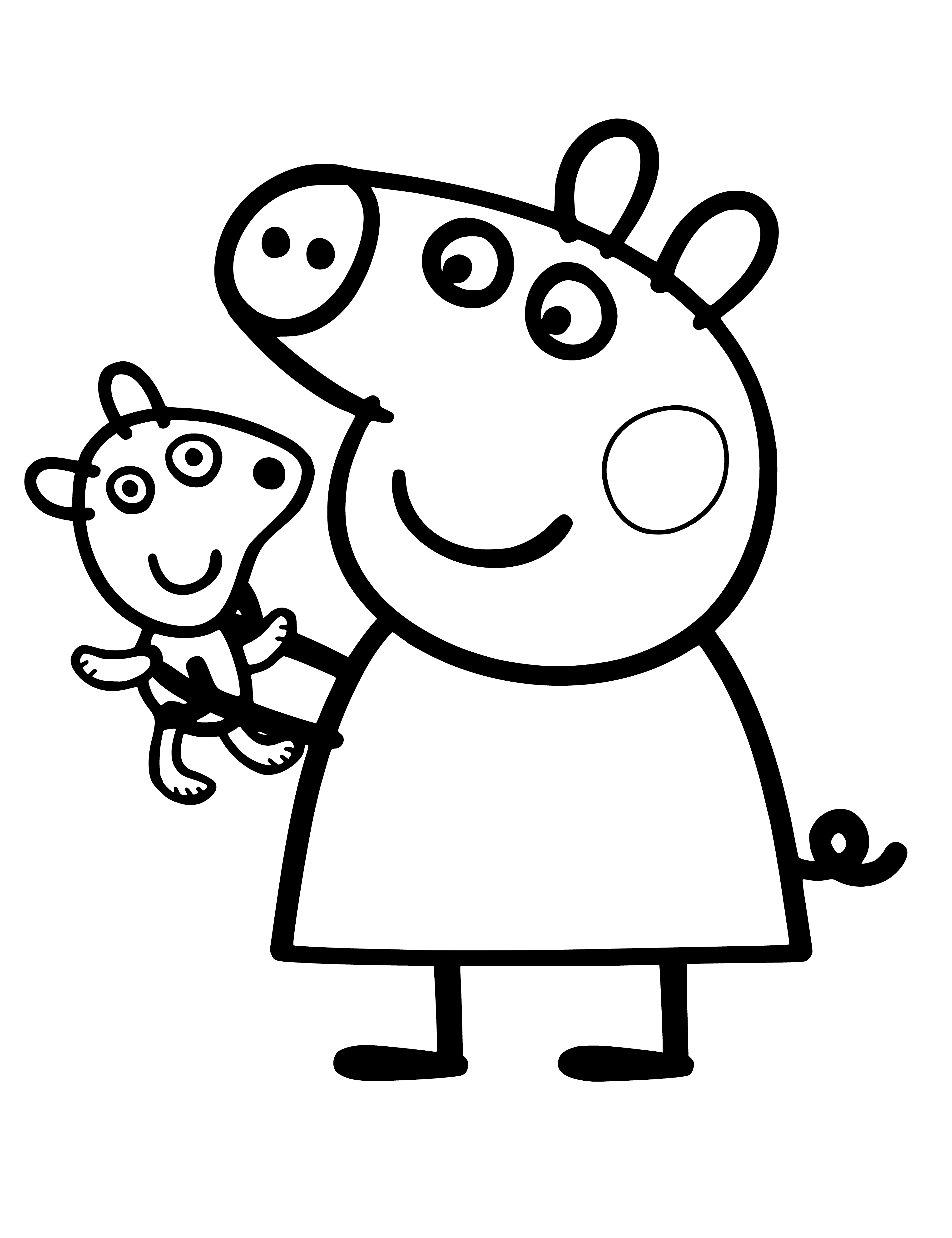 coloring page: Peppa Pig is excitedly holding a ripe, juicy pear in the coloring page.