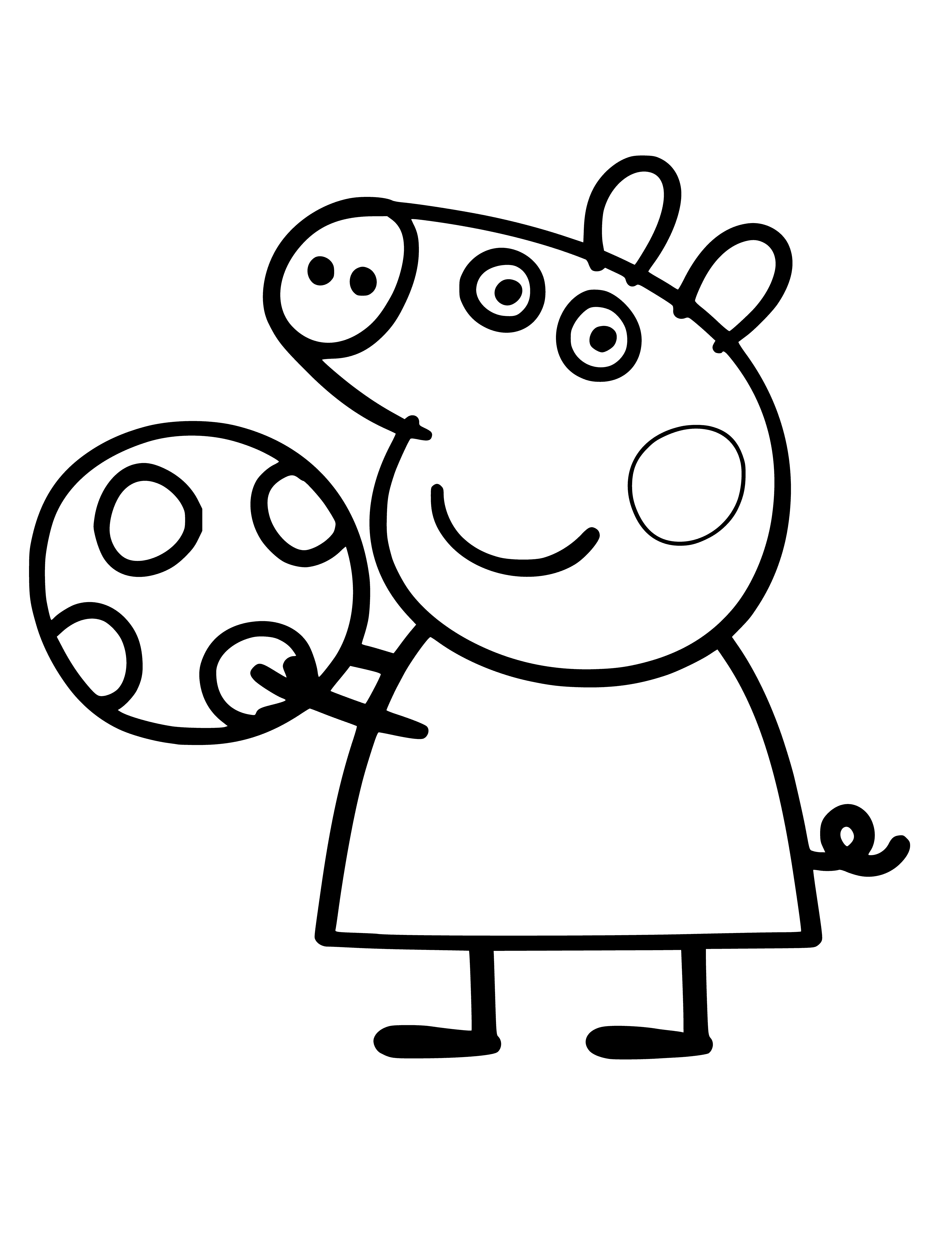 coloring page: Peppa Pig throws a ball in the air while wearing a blue dress and her hair in a ponytail.